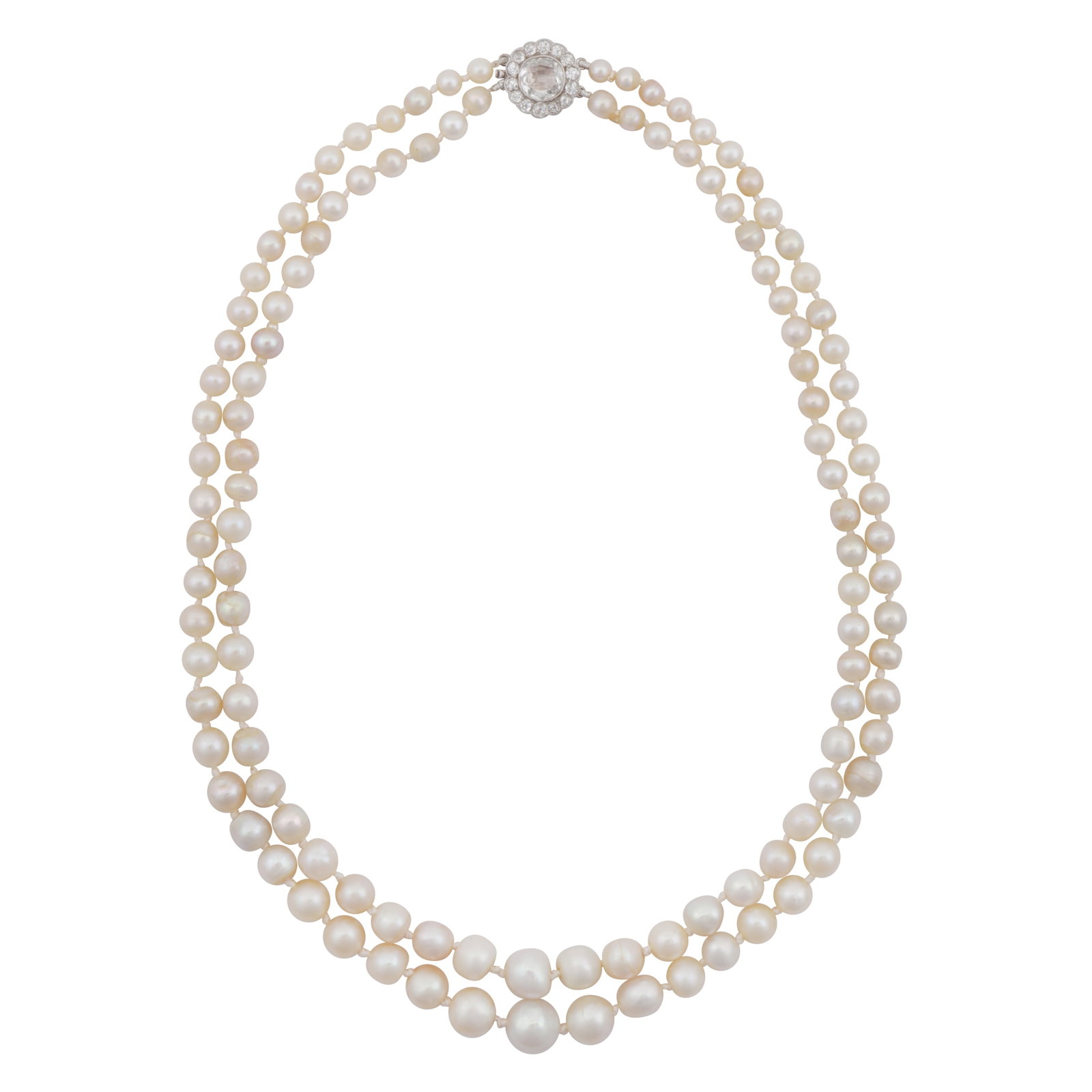 A pearl and diamond necklace White metal: A pearl and diamond necklace White metal The double strand of graduated pearls of white tint, to a flower-designed box clasp set with a cushion and round old-cut diamonds, unmarked, length 42.0cm The