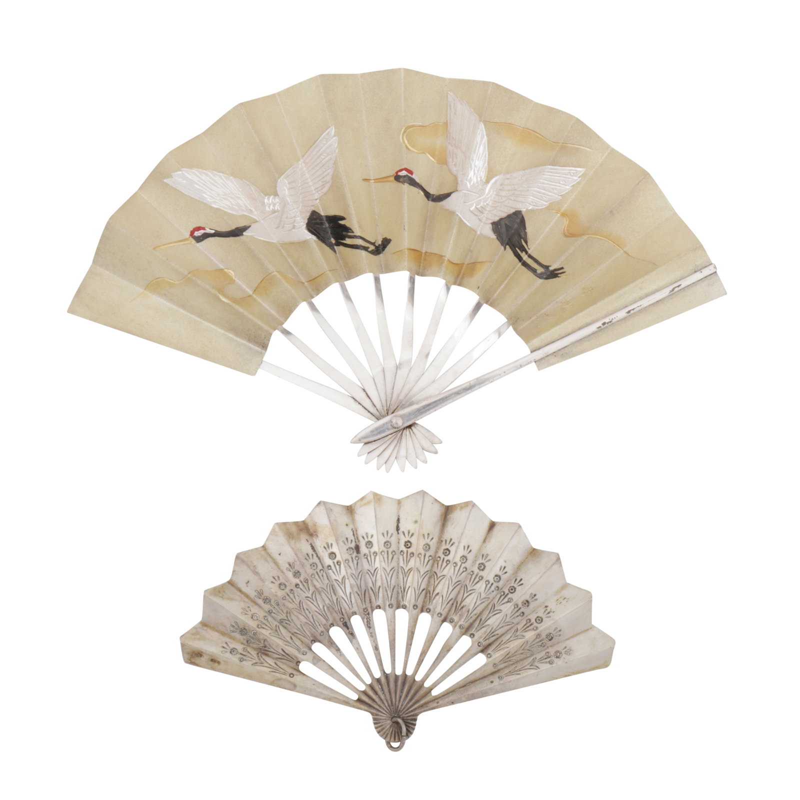 Japanese circa 1970 by Mitsunori A late 20th century silver model fan: Japanese circa 1970 by Mitsunori A late 20th century silver model fan Textured and parcel-gilt with decoration of cranes. Together with a smaller Italian 800 standard silver example, with flower spray