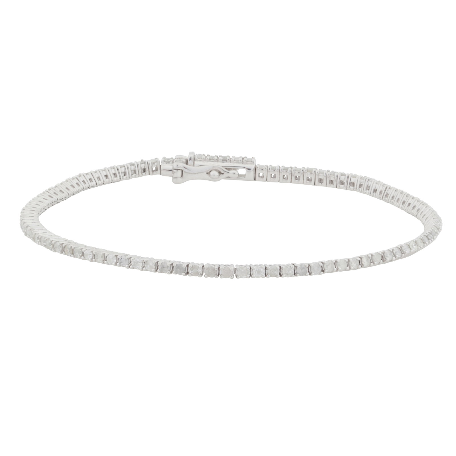 A diamond line bracelet 9ct white gold: A diamond line bracelet 9ct white gold Of articulated design, set with a continuous row of claw-set brilliant-cut diamonds, push clasp and safety catches, diamonds approx. 1.55ct carats total,