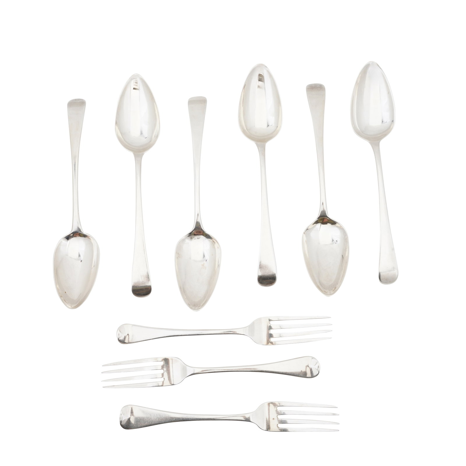London 1797 by Richard Crossley Five George III sterling silver tablespoons: London 1797 by Richard Crossley Five George III sterling silver tablespoons Old English pattern, together with another and three Goerge IV table forks. (9) Weight – 559 grams / 17.97 ozt