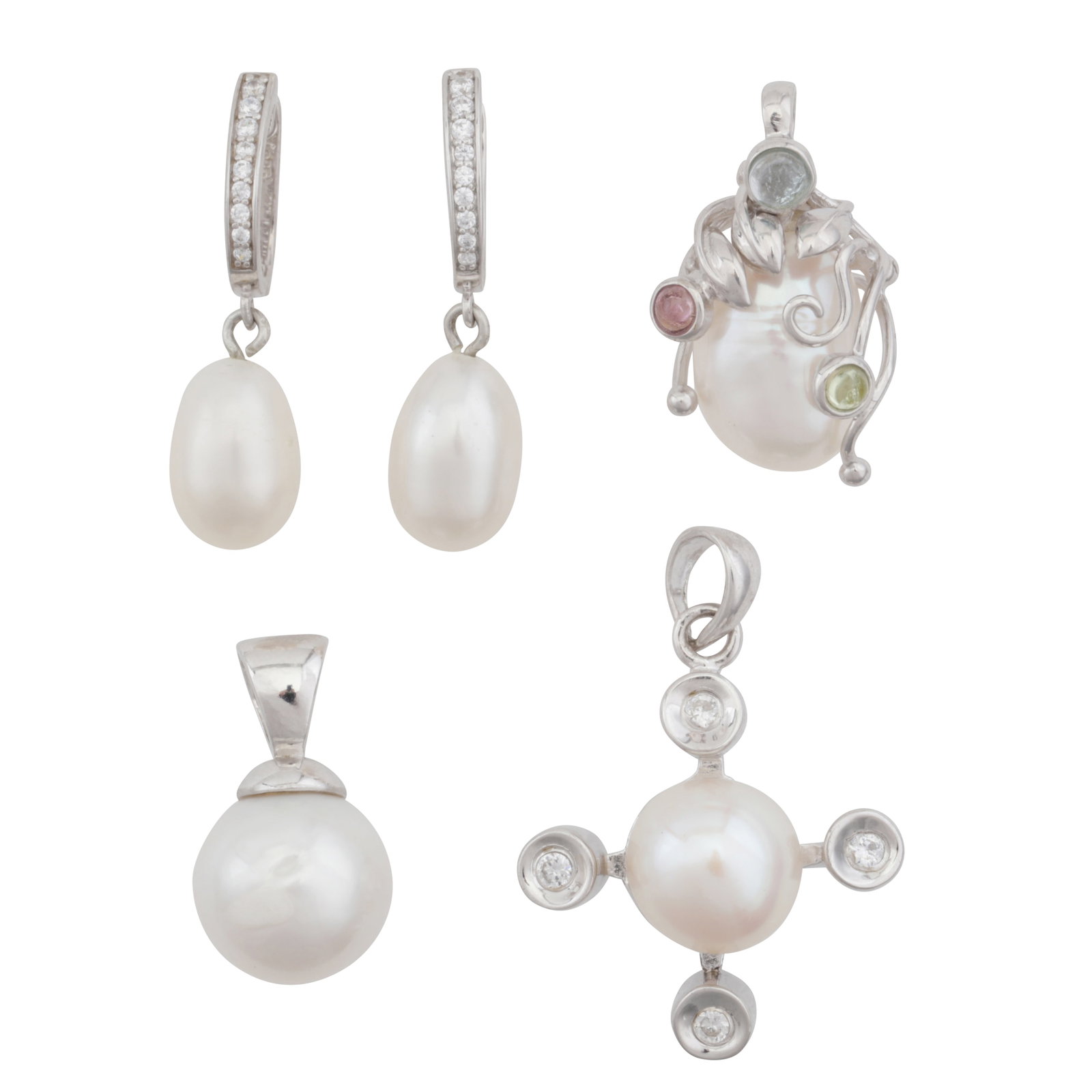 A pearl jewellery group White metal: A pearl jewellery group White metal Including three cultured pearl pendants and earrings, all set in white metal, some stamped 925, various sizes (4)