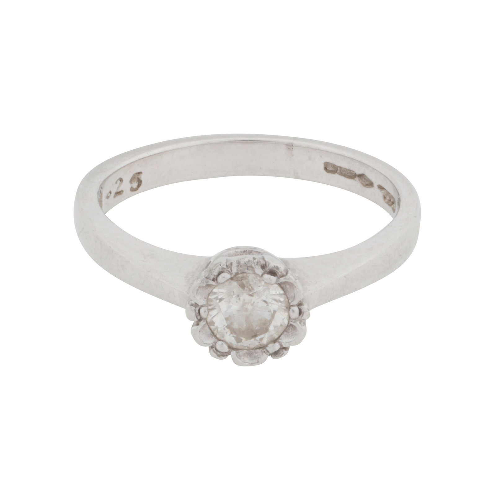 A diamond single stone flower ring Platinum: A diamond single stone flower ring Platinum Centrally set with a brilliant-cut diamond, to tapered shoulders, maker's mark, UK hallmark, size G