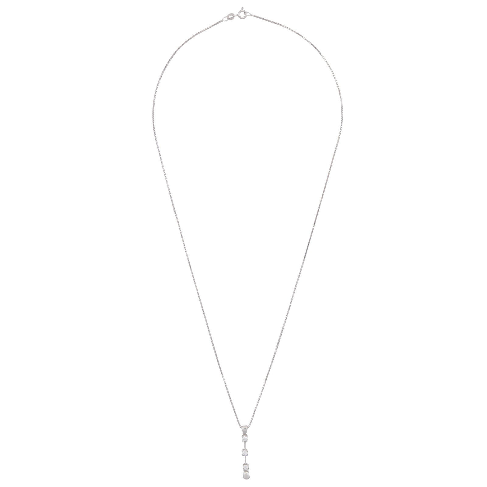 A diamond pendant necklace White metal: A diamond pendant necklace White metal The bar pendant, claw-set with three brilliant-cut diamonds, suspended to a box link chain necklace, bolt ring clasp, diamonds approx. 0.25ct carat total, maker'