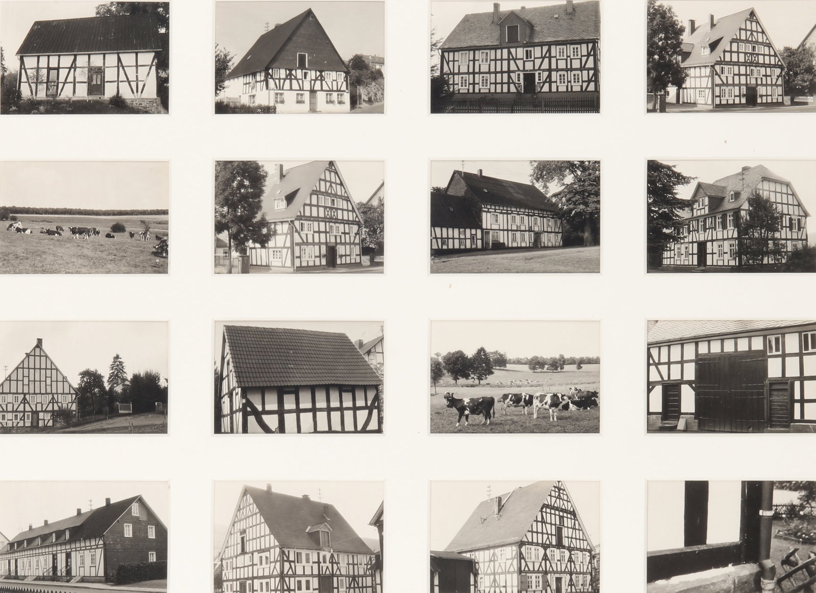 § Hilla Becher (1934-2015) Fachwerkhäuser, 1970s: Fourteen silver gelatin prints grid, mounted on support, each image 6 x 9cm, sequence 33 x 45cm, annotated and signed by the photographer in pencil verso. Framed, frame size 46 x 57cm. Provenance:Priv