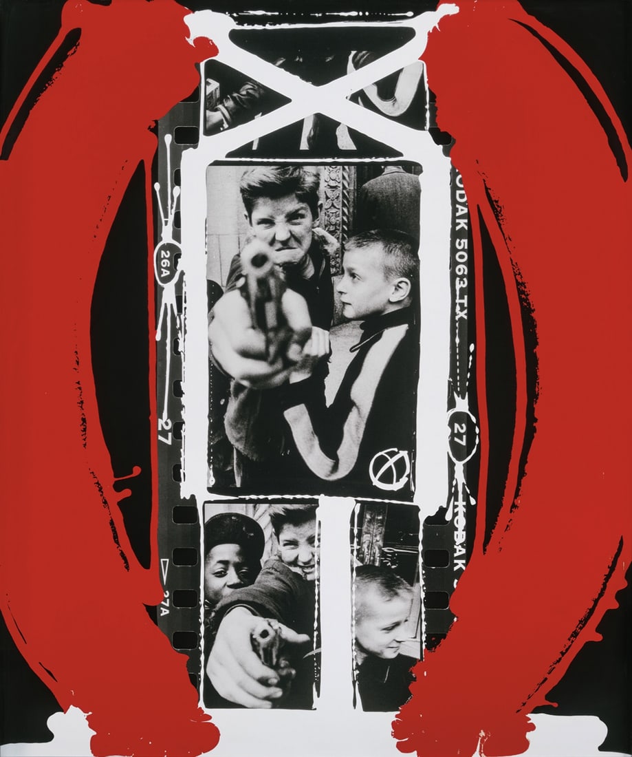 § William Klein (1926-2022) Gun 1, New York 1954-2004: Lightjet c-print from a unique painted contact, printed 2019, measuring 200 x 166.7cm, edition 1/6, accompanied by an artist's label signed by the photographer in ink. Framed, frame size 204.5 x 171.3