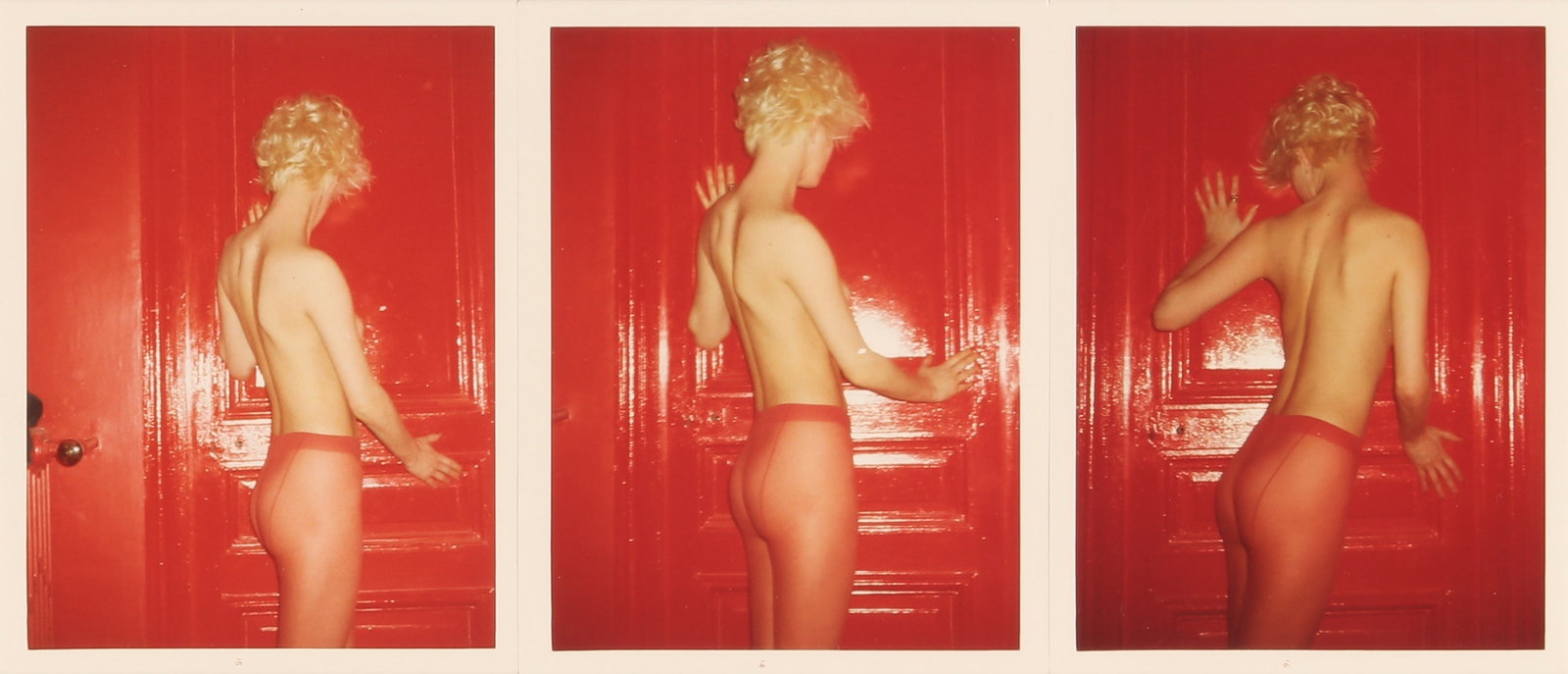 § Antonio Lopez (1943-1987) Red Tights, Paris, 1970s: Three chromogenic Kodak Instamatic prints, flush-mounted together on card in a sequence, each measuring 11.5 x 8.5cm, card measuring 40 x 30cm, signed by Paul Caranicas in ink with Antonio Lopez/Juan 