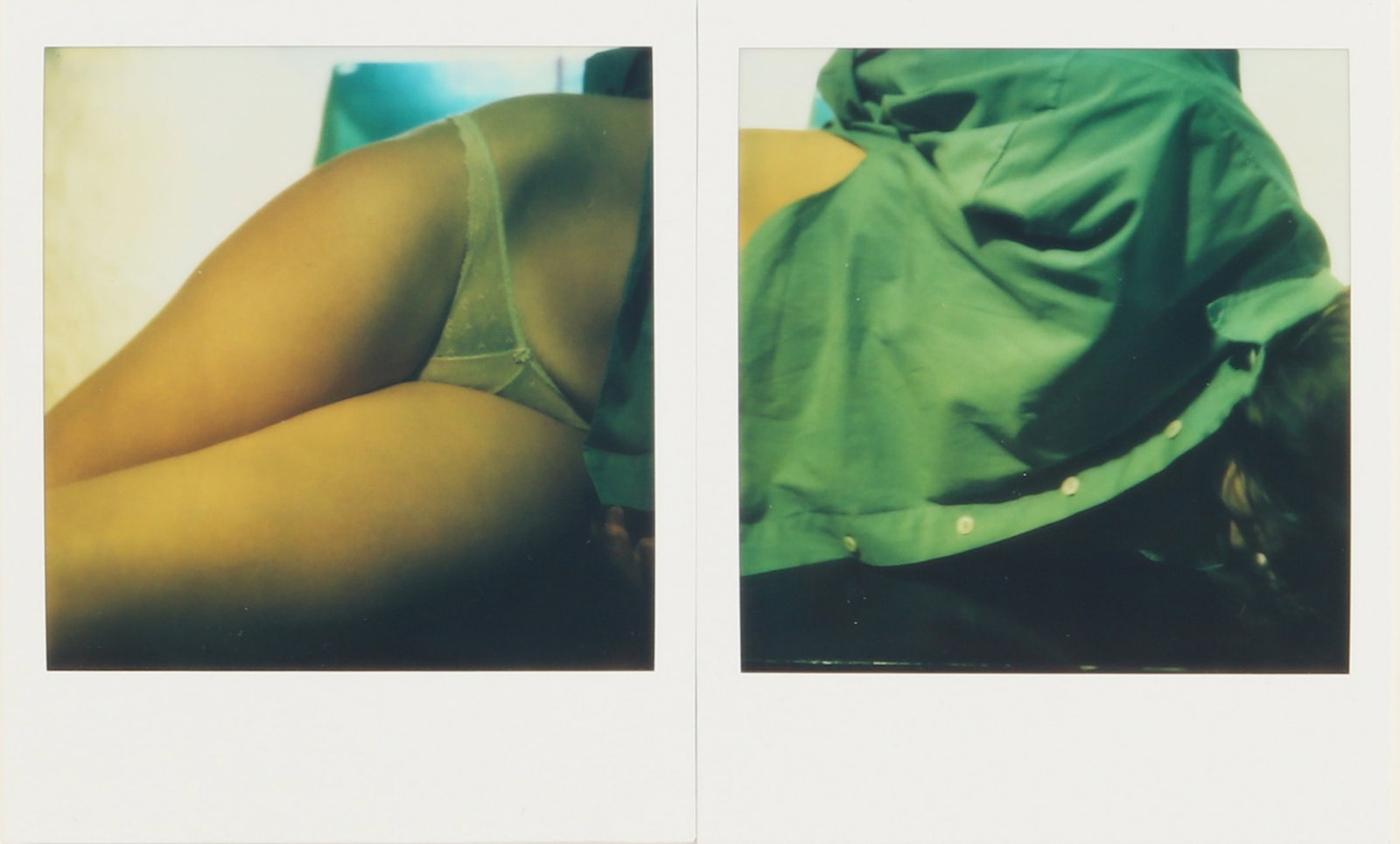Toto Frima (b.1953) Self-portrait, 1985: A composition of two polaroids, mounted together on card, each image 7.7 x 7.5cm, each sheet 10.5 x 8.6cm, the sequence 10.6 x 17.5cm, each annotated and the left polaroid signed and dated in ink vers