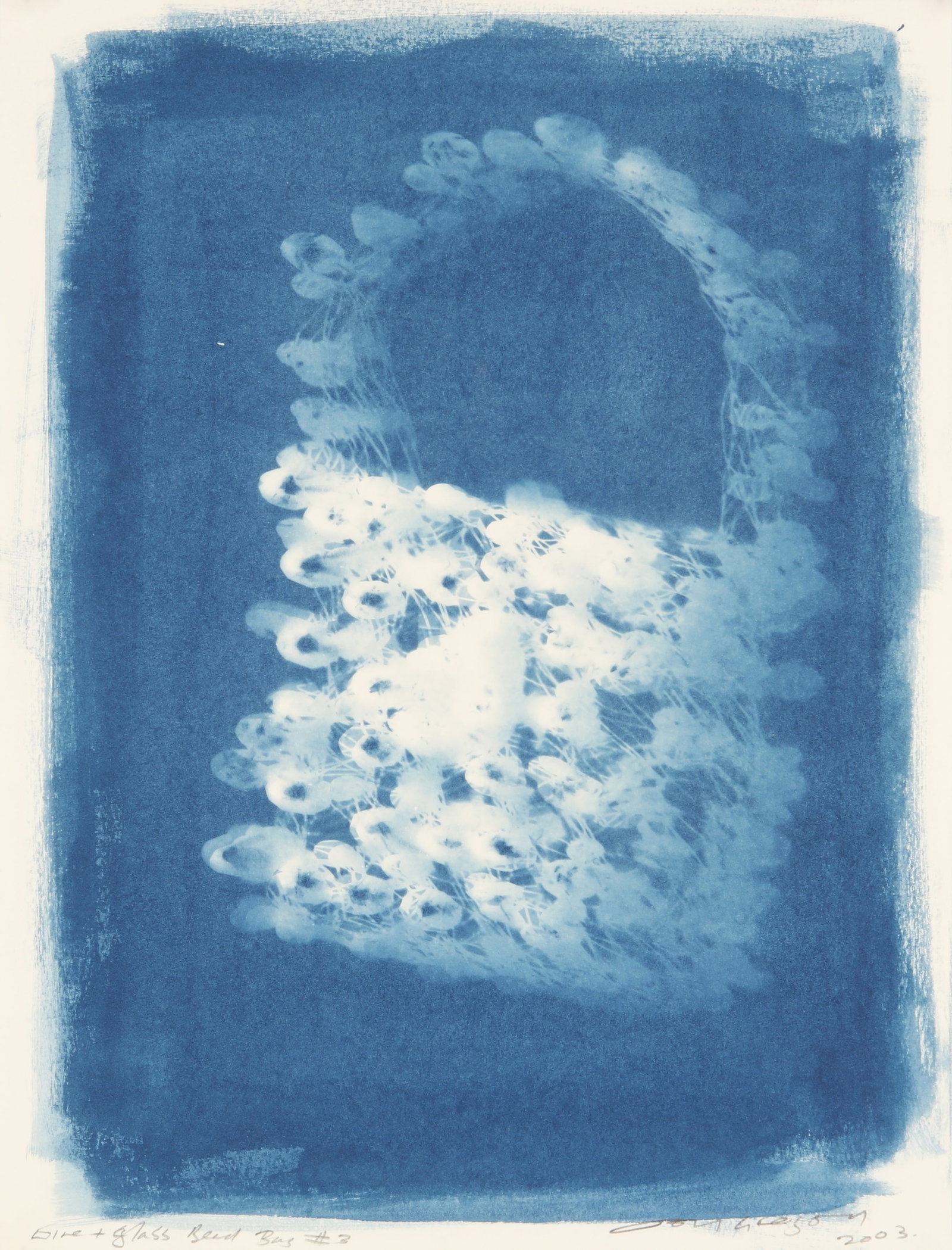 § Joy Gregory (b.1959) Wire & Glass Bead Bag #3 2003: Unique cyanotype, overall measuring 40.3 x 30.5cm, signed, titled, and dated in pencil lower margin recto.