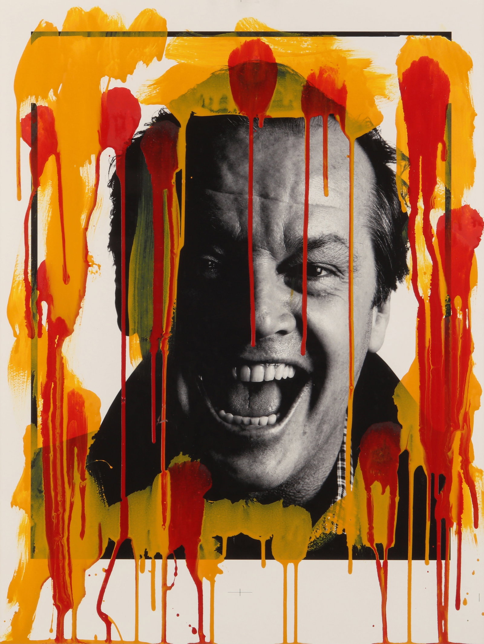 § David Bailey (b.1938) Jack Nicholson, 1984: Pigment print, printed later, with applied yellow and red paint, flush-mounted to aluminium, image size 55 x 42cm, signed by the photographer to aluminium verso. Framed, frame size 64.5 x 50cm.