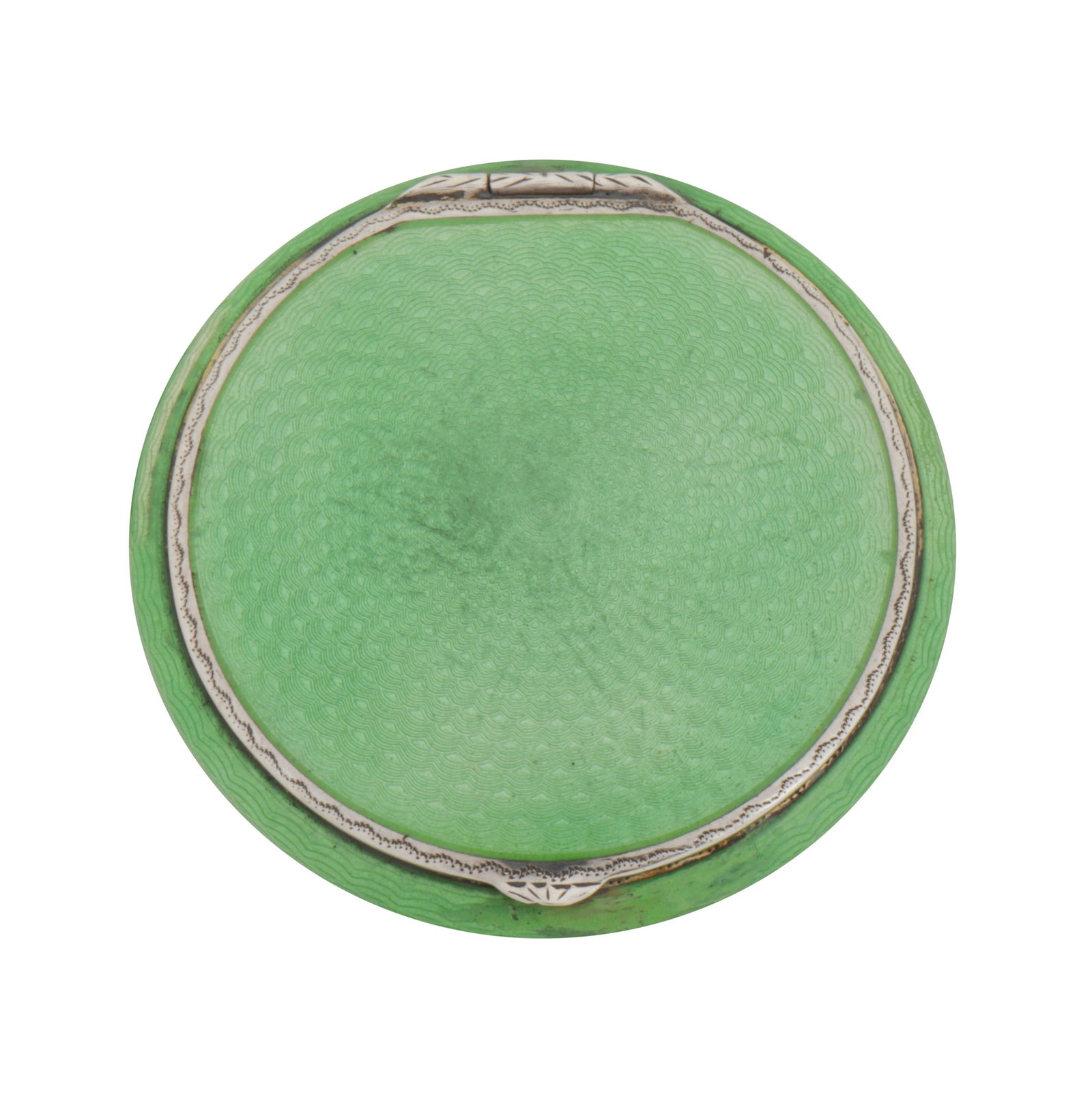 Possibly American circa 1930, maker's mark obliterated An early 20th century silver ang guilloche: Possibly American circa 1930, maker's mark obliterated An early 20th century silver ang guilloche enamel compact Of circular form to a hined lid. With engine turned decoration toped with translucent p