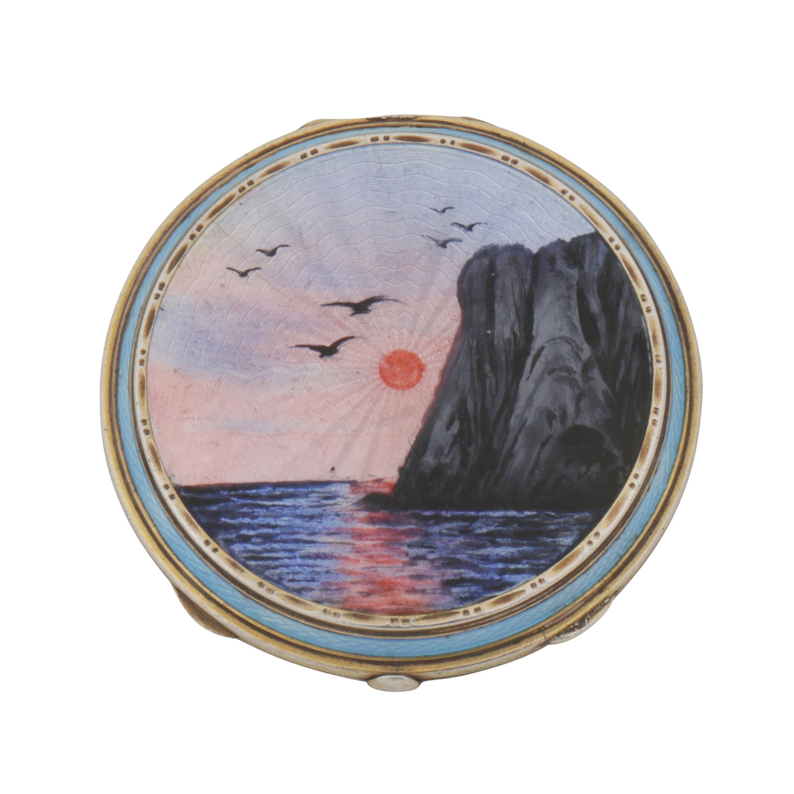 Sandefjord circa 1930 by Aksel Holmsen An early 20th century Norwegian sterling silver and guilloche: Sandefjord circa 1930 by Aksel Holmsen An early 20th century Norwegian sterling silver and guilloche enamel compact Of circular form to hinged lid. The top with a guilloche enamel seascape with cliffs