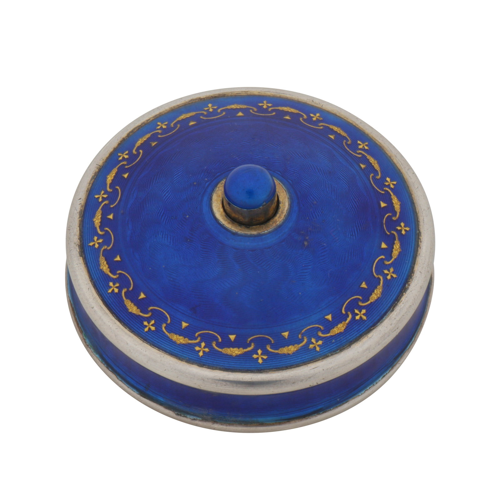 Oslo circa 1920 by David Anderson An early 20th century Norwegian sterling silver and guilloche: Oslo circa 1920 by David Anderson An early 20th century Norwegian sterling silver and guilloche enamel bell push Of round form with royal blue transculent enamel and a border of gilt paillonné enamel