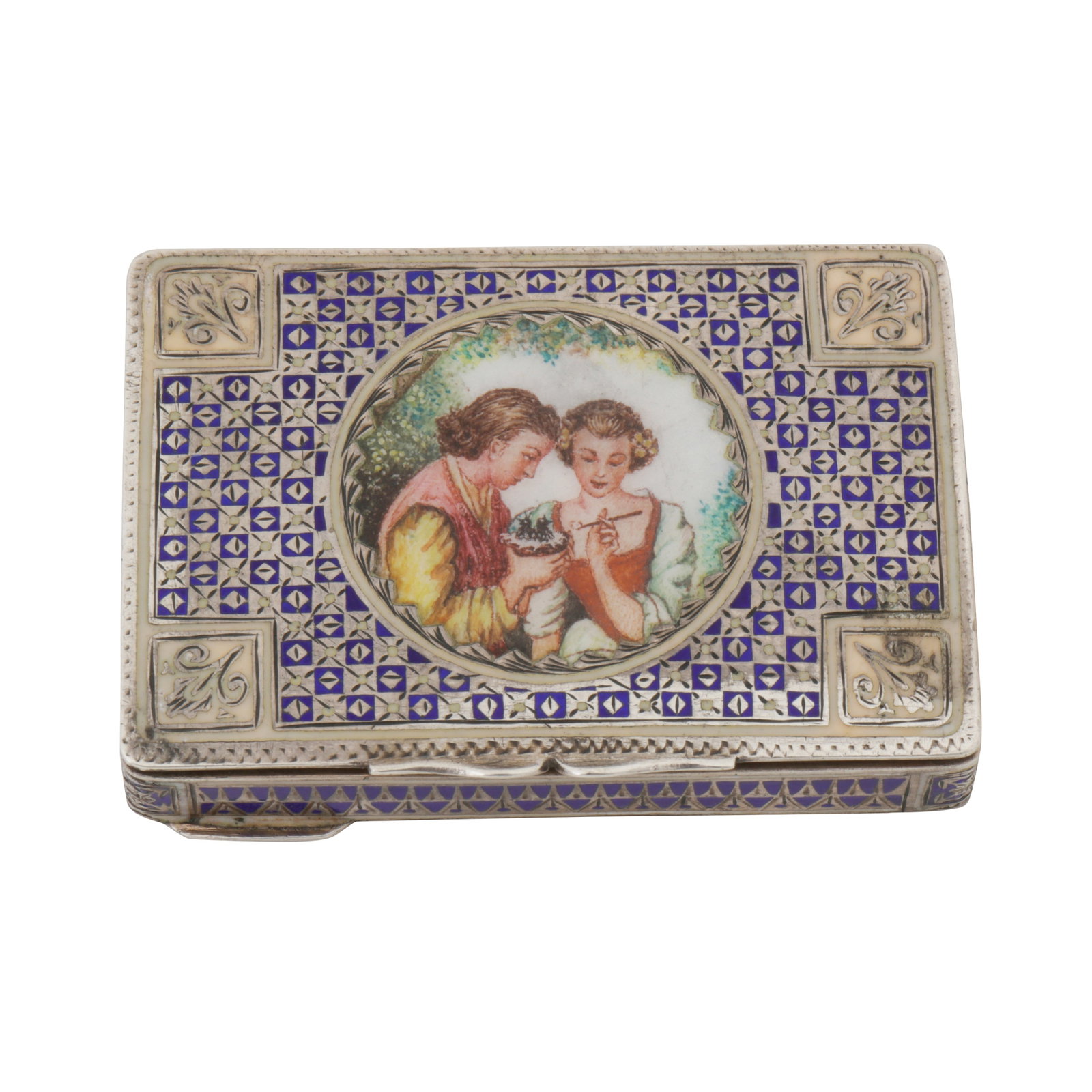Possibly Pforzheim circa 1920 An early 20th century German 800 standard silver and enamel cigarette: Possibly Pforzheim circa 1920 An early 20th century German 800 standard silver and enamel cigarette case Of rectangular form with a hinged lid to a shaped thumbpiece. The top with circular painted ena
