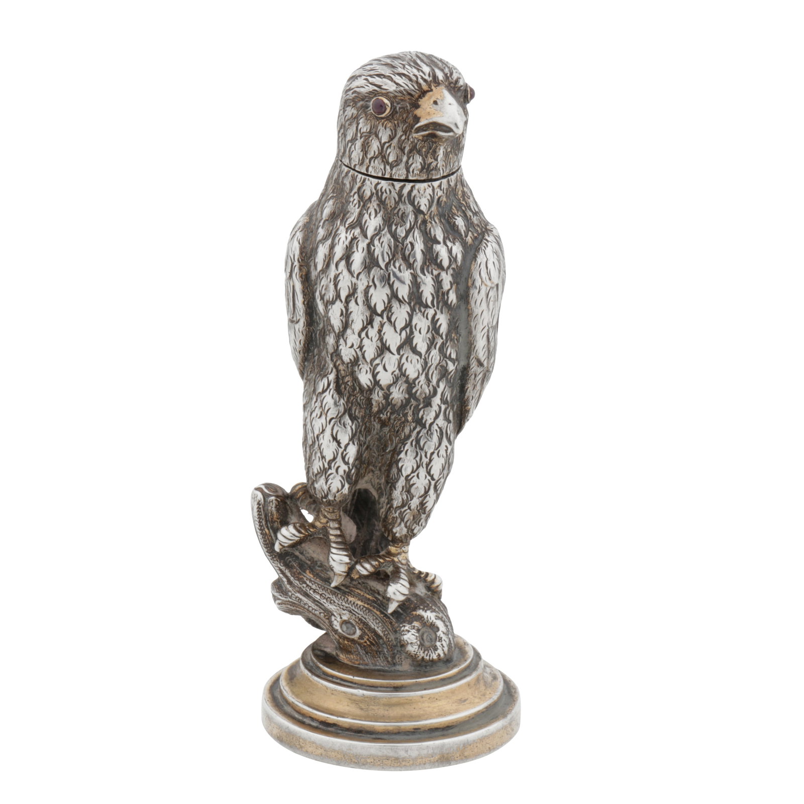 Probably Austrian circa 1850 A mid-19th century silver gilt combination desk seal and vinaigrette: Probably Austrian circa 1850 A mid-19th century silver gilt combination desk seal and vinaigrette Modelled as a falcon perched upon a branch all upon a spreading circular vacant base, the hinged head 