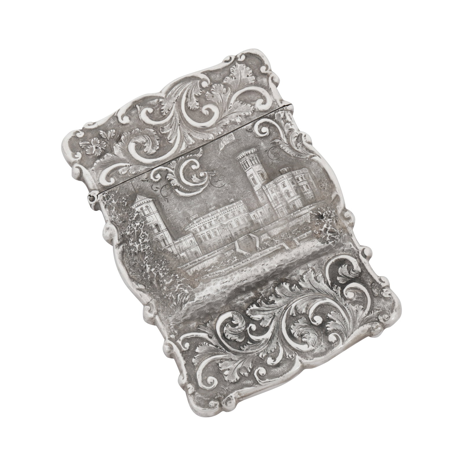 Birmingham 1857 by David Pettifer A Victorian sterling silver 'castle top' card case: Birmingham 1857 by David Pettifer A Victorian sterling silver 'castle top' card case Of shaped rectangular form with a hinged lid, the front with an embossed scene of The Osborne House in the Isle of 