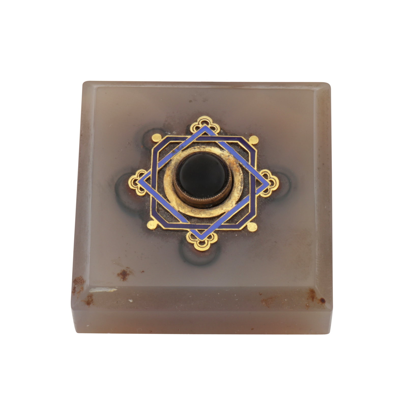 Possibly French or Austrian circa 1900 An early 20th century agate, silver, enamel and onyx table: Possibly French or Austrian circa 1900 An early 20th century agate, silver, enamel and onyx table bell push Of square form with stepped corners. The centre with a push bell onyx cabochon in a gilt and