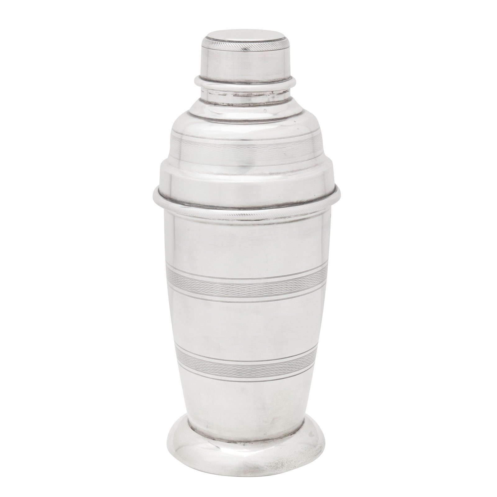 Birmingham 1931 by Roberts and Dore Ltd A George V sterling silver cocktail shaker: Birmingham 1931 by Roberts and Dore Ltd A George V sterling silver cocktail shaker Of tapering rounded circular form upon a domed circular foot, the pull off stepped and domed lid section surmounted b