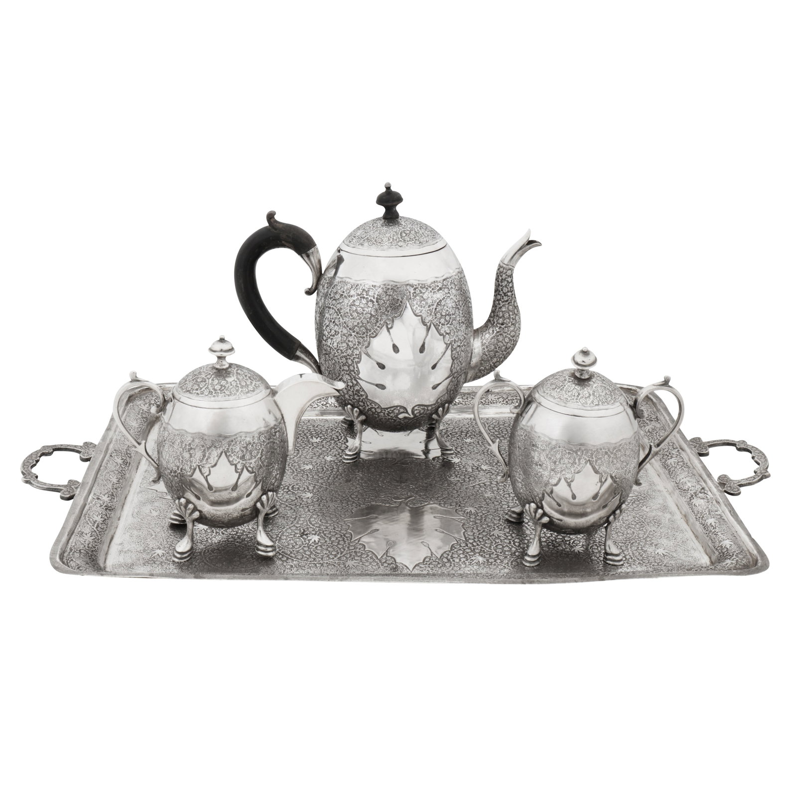 Kashmir circa 1940 A mid-20th century Anglo-Indian unmarked silver three-piece tea service on tray (1 of 5)