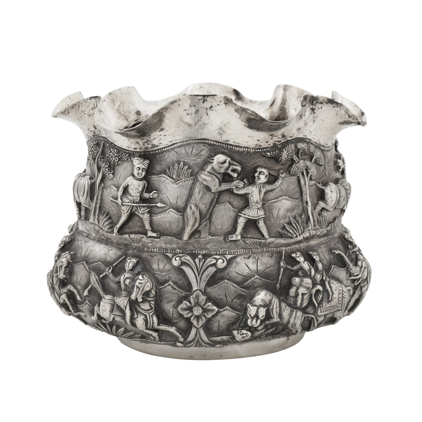Lucknow circa 1900 A late 19th / early 20th century Anglo-Indian unmarked silver bowl: Lucknow circa 1900 A late 19th / early 20th century Anglo-Indian unmarked silver bowl Raj period. Of baluster circular form with a wavy rim and a short cylindrical foot. The body with two registers of