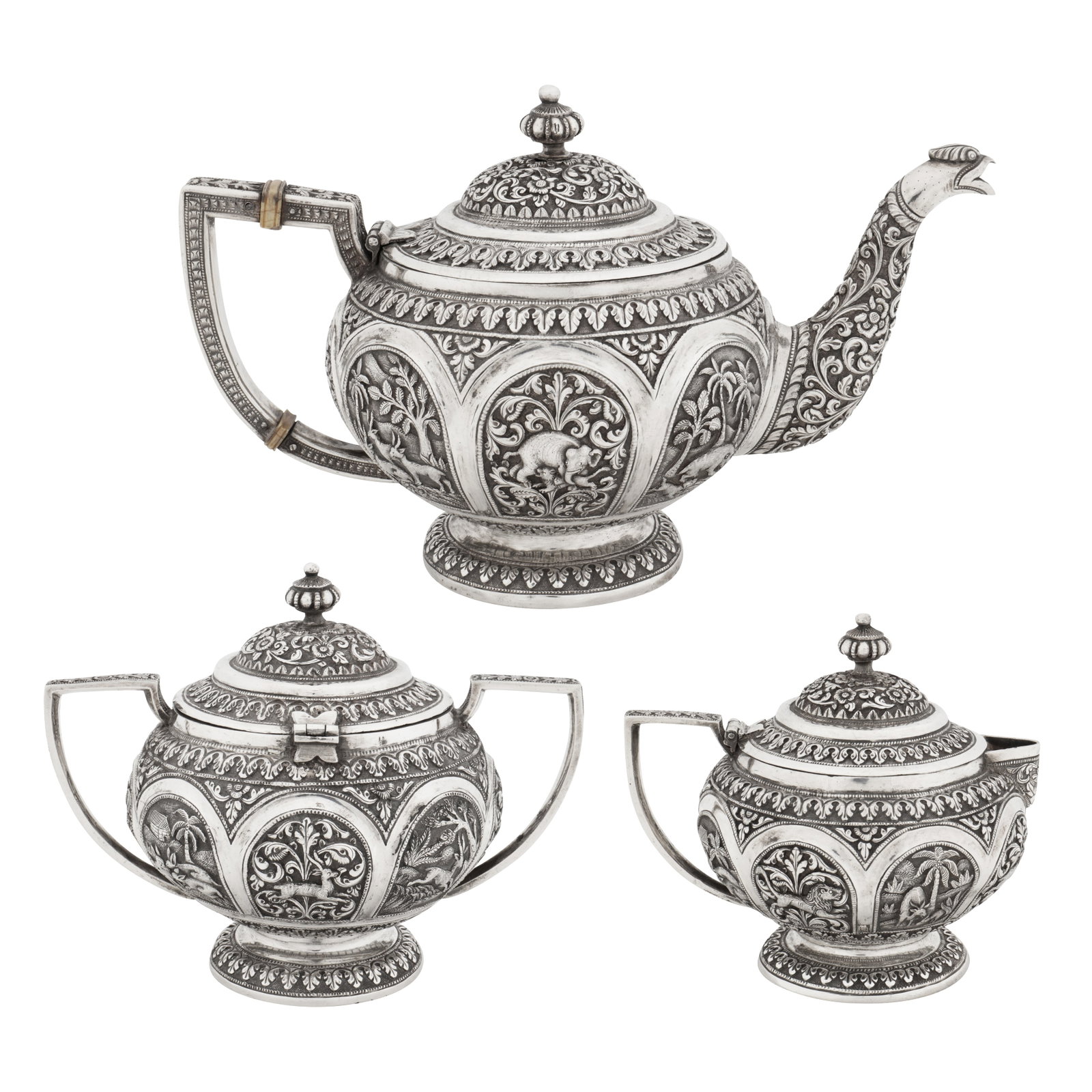 Karachi circa 1920 An early 20th century Anglo-Indian unmarked silver three-piece tea service (1 of 10)