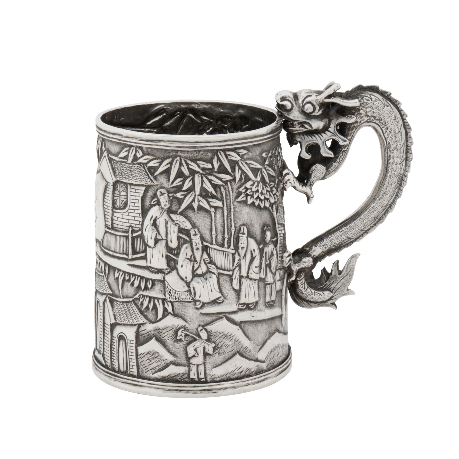 Canton circa 1900, retailed by Wing Chun of Hong Kong A late 19th / early 20th century Chinese: Canton circa 1900, retailed by Wing Chun of Hong Kong A late 19th / early 20th century Chinese export silver small or christening mug Qing dynasty, of tapering cylindrical form the handle formed as a 