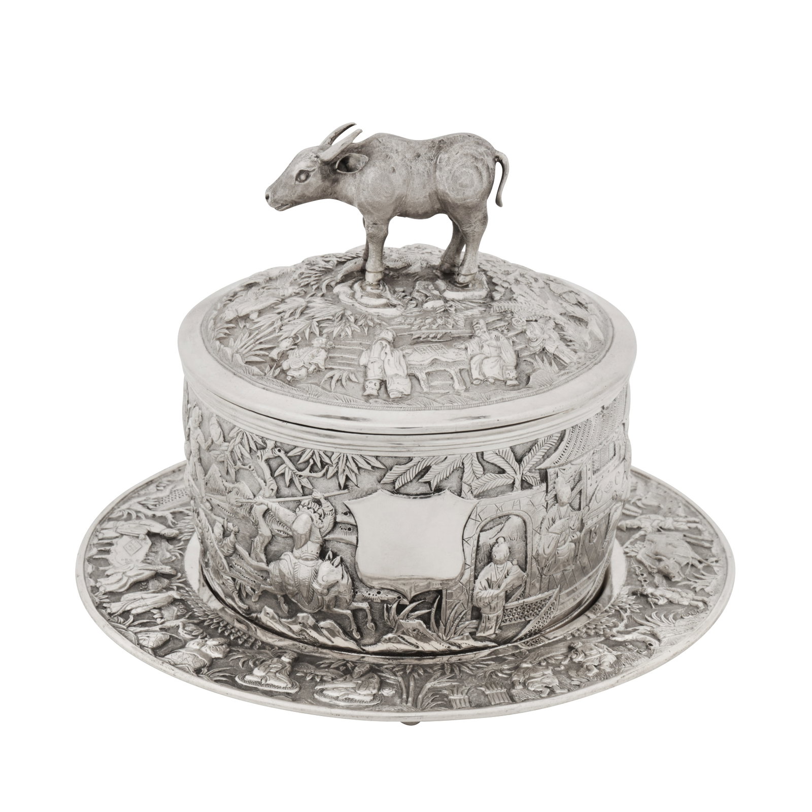 Canton circa 1890, marked Shen Chang, retailed by Wo Shing A late 19th century Chinese export silver: Canton circa 1890, marked Shen Chang, retailed by Wo Shing A late 19th century Chinese export silver butter dish on stand Qing dynasty. Of rounded cylindrical form with a pull off lid surmounted by a 