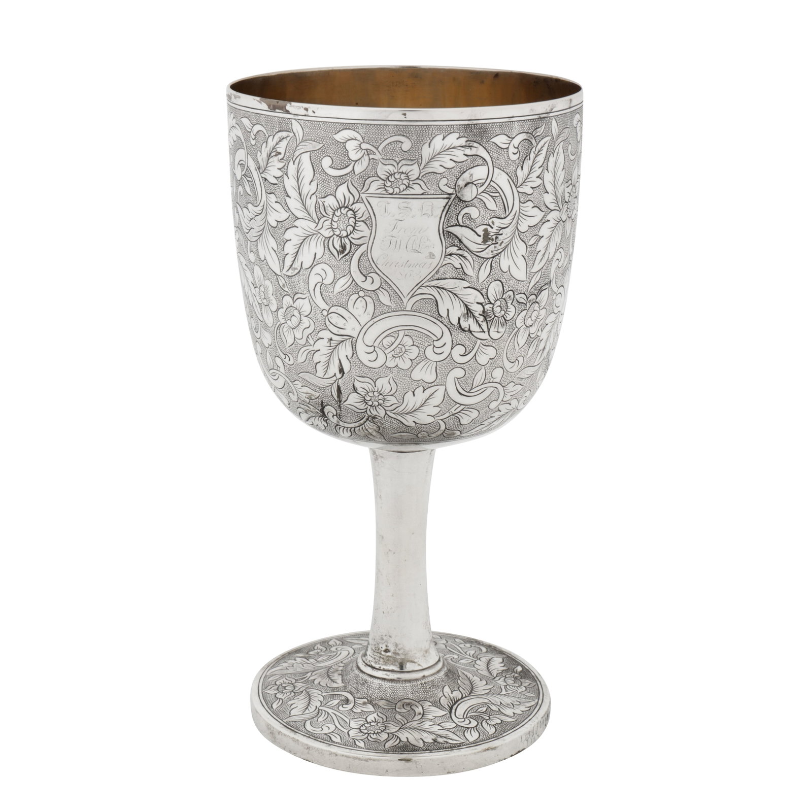 Canton dated 1863, retailed by Khe Cheong A rare mid-19th century Chinese export silver standing cup: Canton dated 1863, retailed by Khe Cheong A rare mid-19th century Chinese export silver standing cup China Trade period. Of rounded circular form upon a pedestal stem with circular foot. The body with