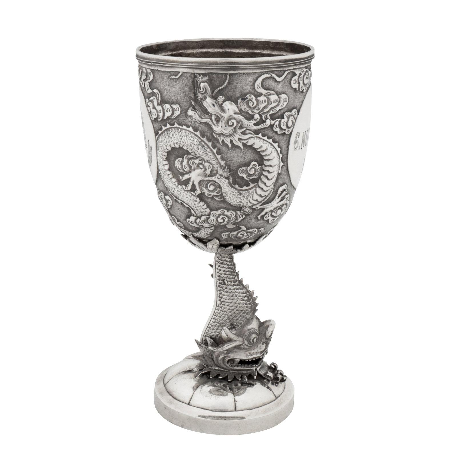 Canton dated 1901, marked Pan Kun Ji, retailed by Cum Shing An early 20th century Chinese export: Canton dated 1901, marked Pan Kun Ji, retailed by Cum Shing An early 20th century Chinese export silver standing cup Qing dynasty. Of rounded circular form upon a stem formed as a Chinese dragon with 