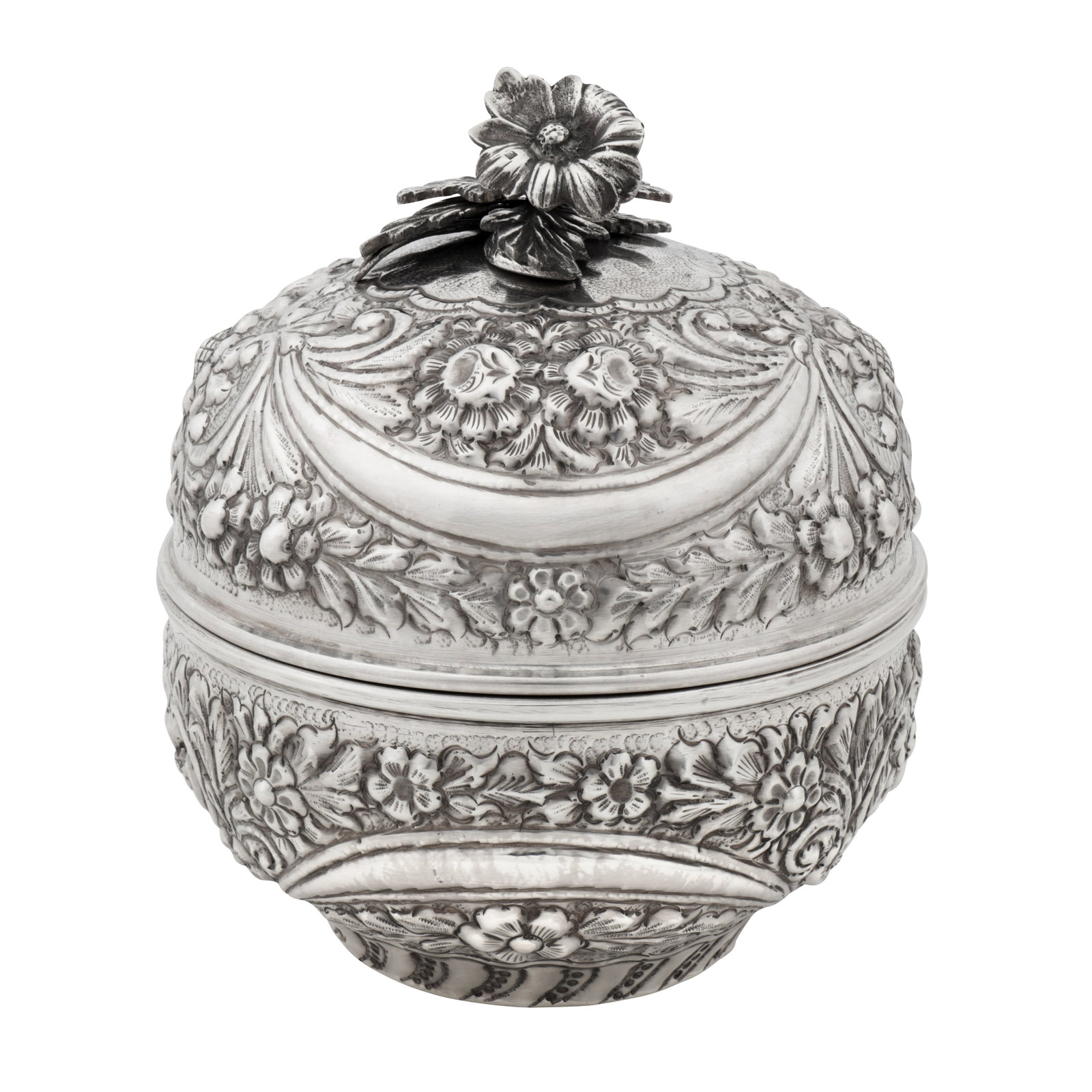 Cairo circa 1980 A late 20th century Egyptian 900 standard silver table box: Cairo circa 1980 A late 20th century Egyptian 900 standard silver table box Of rounded spherical form, the pull off lid surmounted by a cast flower finial. The body with embossed foliate decoration an
