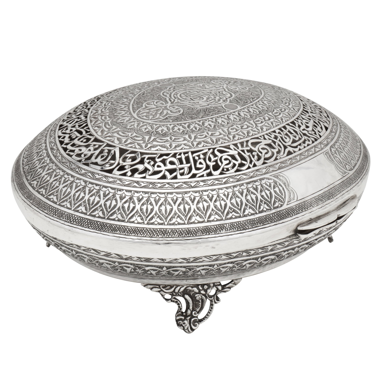 Cairo circa 1980 A late 20th century Egyptian 900 standard silver marriage casket: Cairo circa 1980 A late 20th century Egyptian 900 standard silver marriage casket Of oval form raised upon four cast scroll openwork, a hinged domed lid with pierced calligraphic band, engraved decora