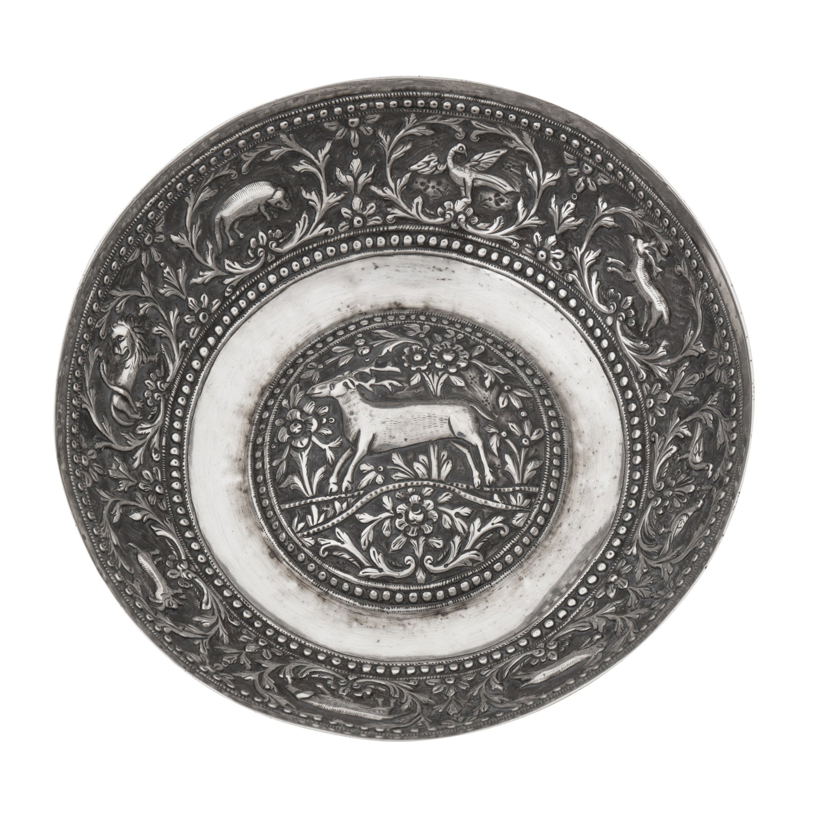 Ottoman Balkans circa 1890 A late 19th century unmarked Ottoman silver bowl (tas): Ottoman Balkans circa 1890 A late 19th century unmarked Ottoman silver bowl (tas) Of rounded shallow form with a domed base (omphalos), with repousse decoration of a deer around foliate rosettes on te