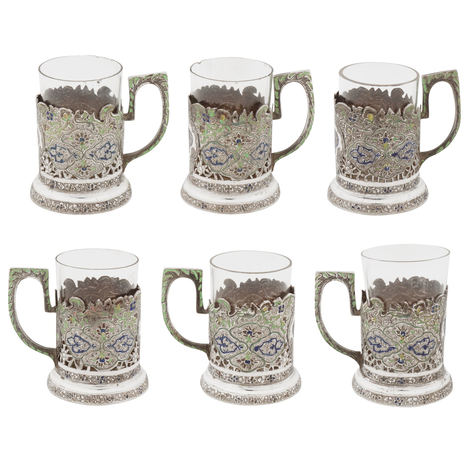 Isfahan circa 1950 A set of mid-20th century Persian (Iranian) silver and enamel tea glass holders (1 of 3)