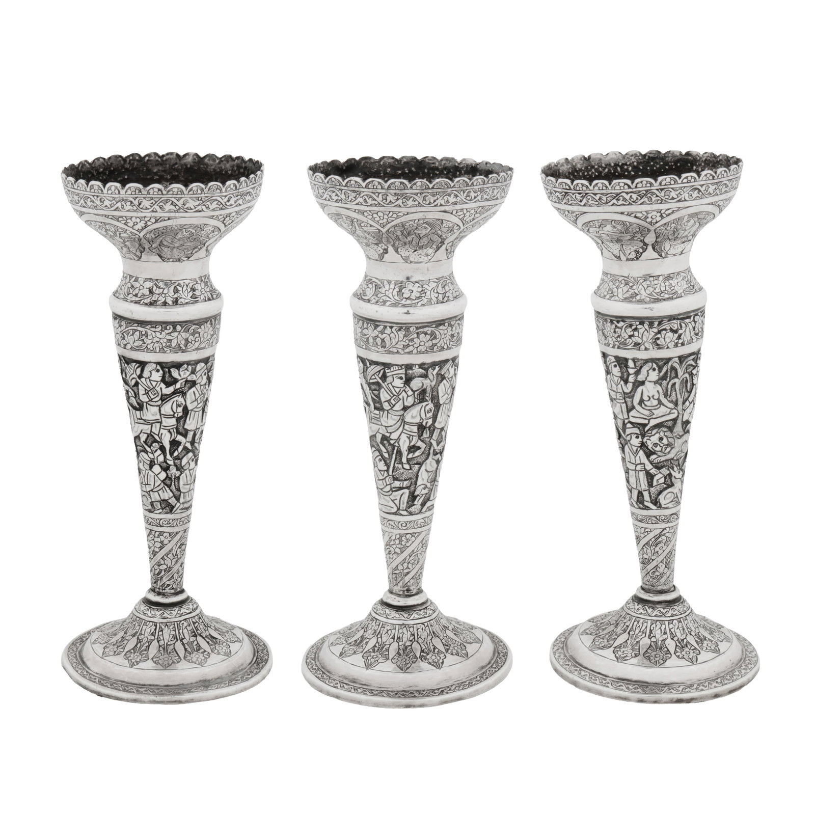 Isfahan circa 1920 Three early 20th century Persian (Iranian) unmarked silver posy vases: Isfahan circa 1920 Three early 20th century Persian (Iranian) unmarked silver posy vases Qajar dynasty. Of tapering trumpet form upon spreading circular bases, chased monabbat-kari decoration o Shirin