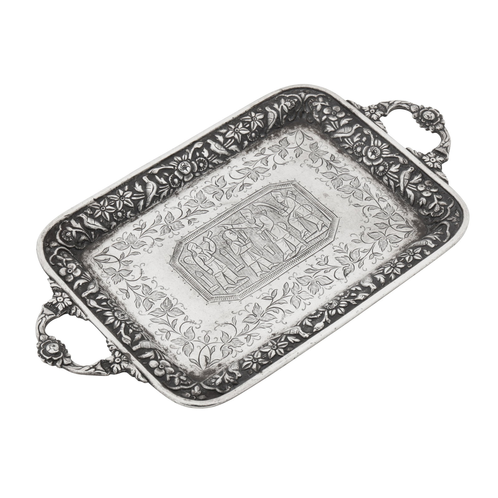 Kermanshah circa 1920 An early 19th century Persian (Iranian) unmarked silver twin handled tray (1 of 2)