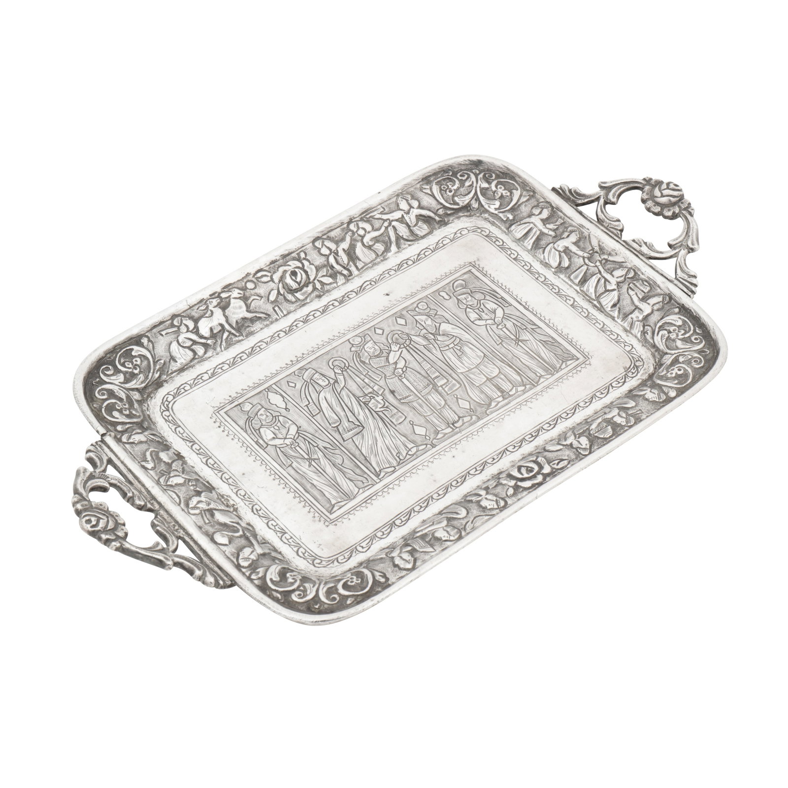 Kermanshah circa 1920 An early 19th century Persian (Iranian) unmarked silver twin handled tray (1 of 2)