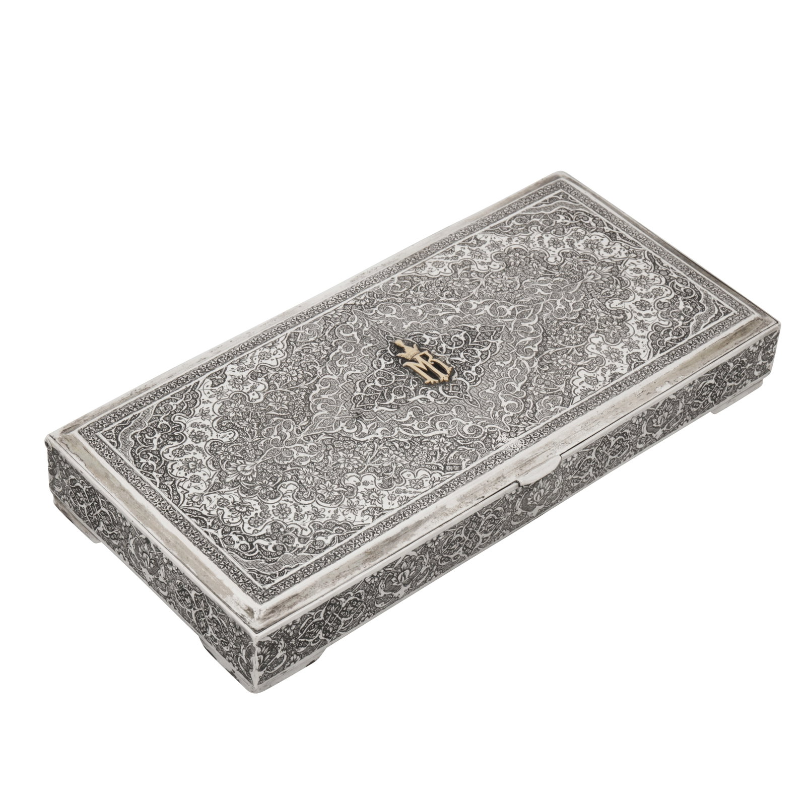 Royal presentation - Isfahan dated 1955, marked RAY A mid-20th century Persian (Iranian) silver: Royal presentation - Isfahan dated 1955, marked RAY A mid-20th century Persian (Iranian) silver cigarette box Pahlavi dynasty. Of rectangular form with a hinged lid, the body with engraved ghalam zani