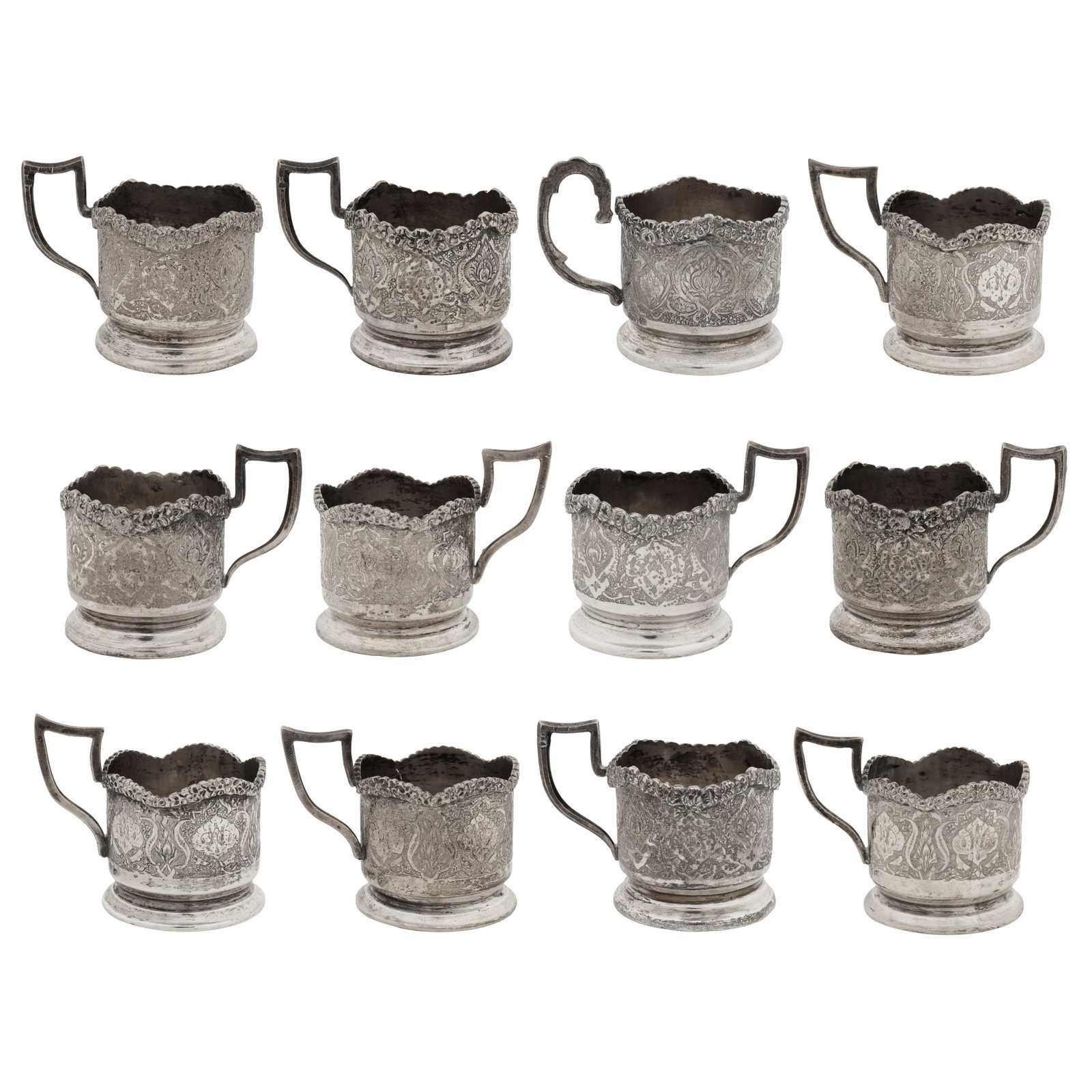 Isfahan circa 1970 Twelve mid-20th century Persian (Iranian) silver tea glass holders (1 of 4)