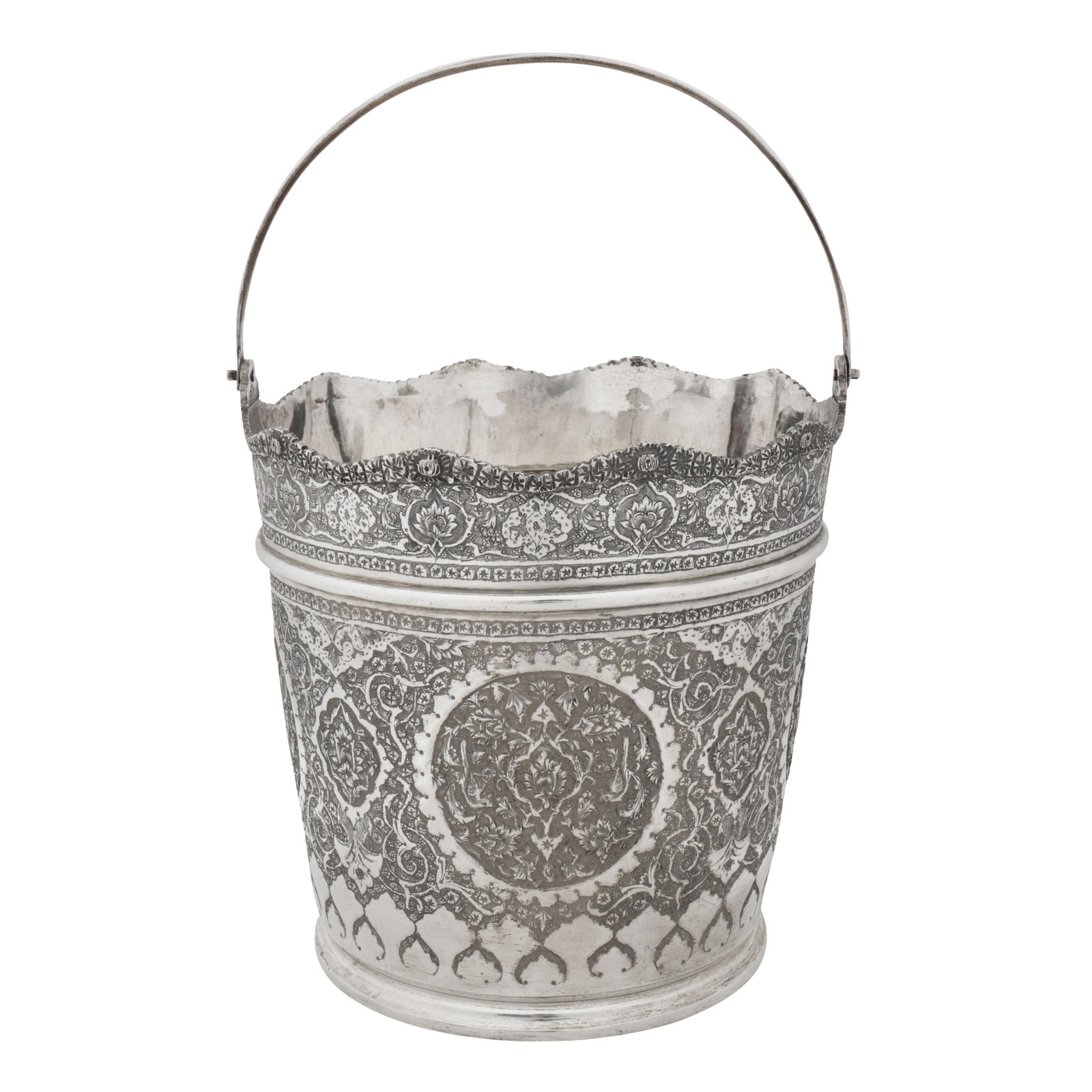 Isfahan circa 1960, marked for Abbas Afzali, retailed by Bireae A mid-20th century Persian (Iranian): Isfahan circa 1960, marked for Abbas Afzali, retailed by Bireae A mid-20th century Persian (Iranian) silver ice bucket Pahlavi dynasty. Of tapering cylindrical form with a chased scalloped rim, with a
