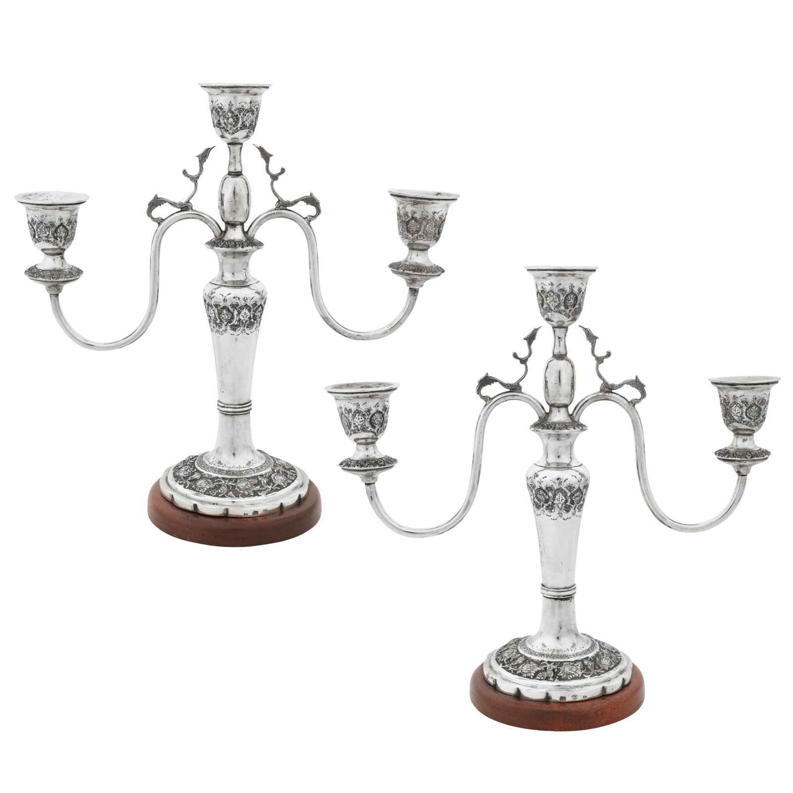 Isfahan circa 1960 A pair of mid-20th century Persian (Iranian) silver three-light candelabra (1 of 7)