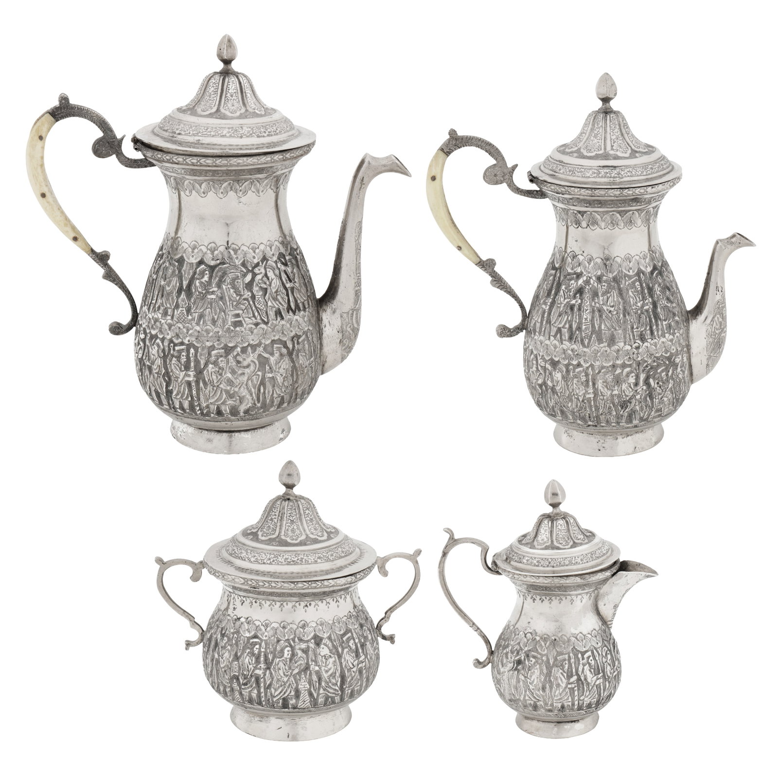 Shiraz circa 1950 A mid-20th century Persian (Iranian) silver four-piece tea and coffee service: Shiraz circa 1950 A mid-20th century Persian (Iranian) silver four-piece tea and coffee service Pahlavi dynasty. Comprising a coffee pot, a teapot, a covered milk jug, and a twin handled sugar bowl. E