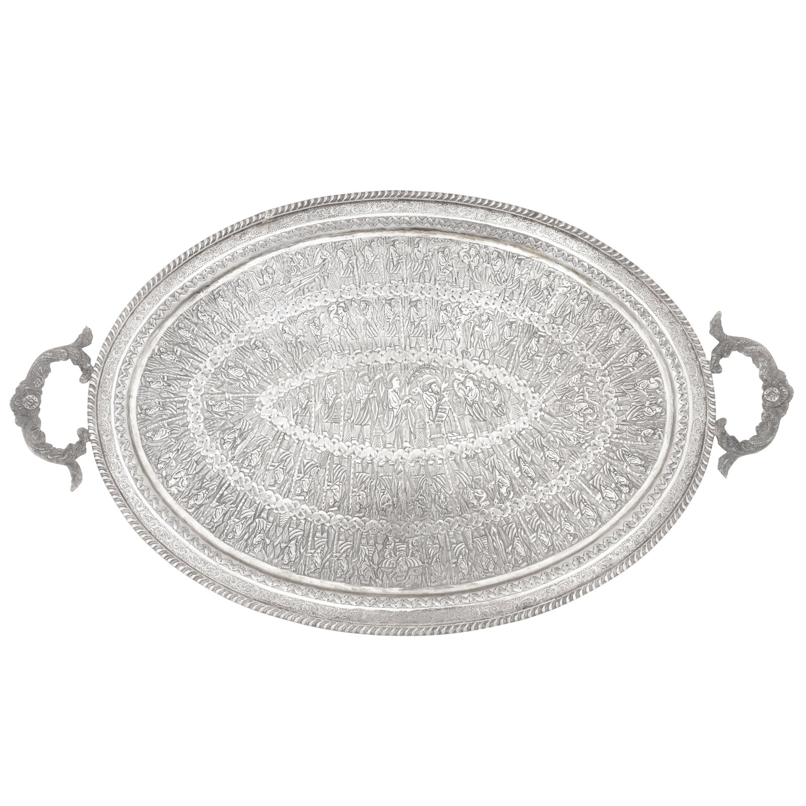 Shiraz circa 1950 A mid-20th century Persian (Iranian) unmarked silver twin handled tray (1 of 4)