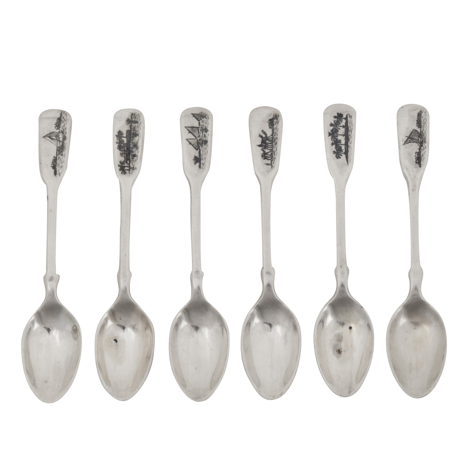 Omara circa 1930 A set of six early 20th century Iraqi silver and niello coffee spoons (1 of 2)