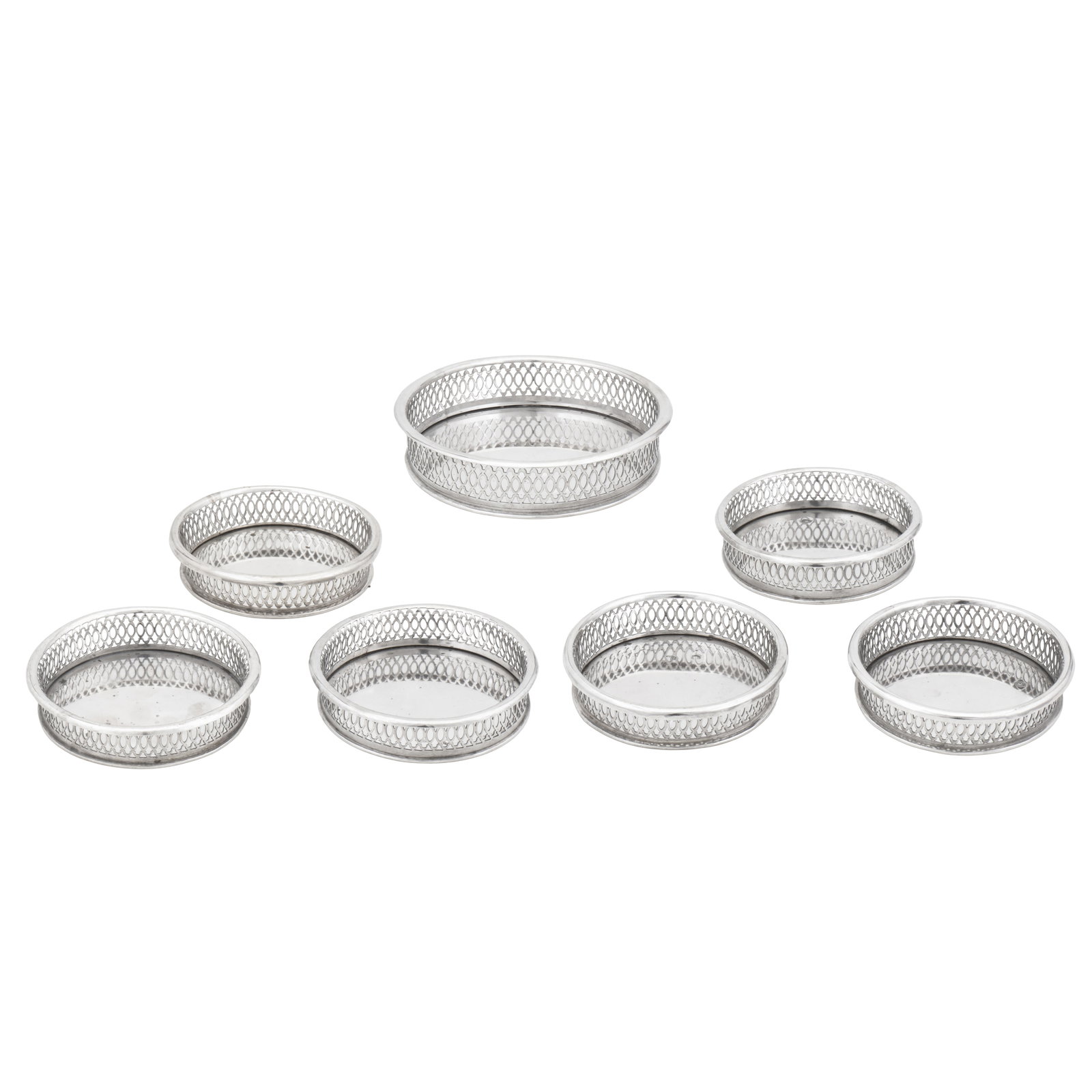 Venice circa 1870 A set of late 19th century Italian 800 standard silver wine coasters: Venice circa 1870 A set of late 19th century Italian 800 standard silver wine coasters Comprising a larger and six smaller. Each of cylindrical form with a pierced galleried edge. Marked with town mar