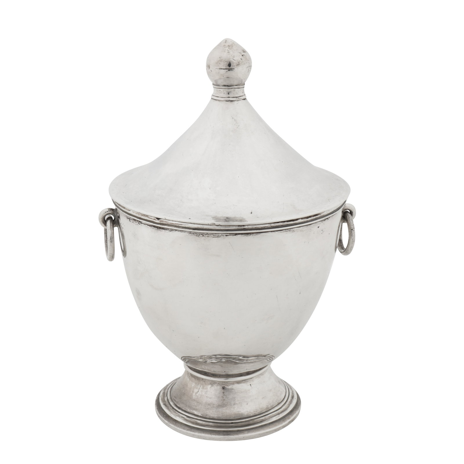 Probably Mexico, 19th century A Spanish colonial unmarked silver sugar bowl and cover: Probably Mexico, 19th century A Spanish colonial unmarked silver sugar bowl and cover Of vase form upon a spreading circular foot, pull off conical lid surmounted by a knop finial. Twin ring handles. 