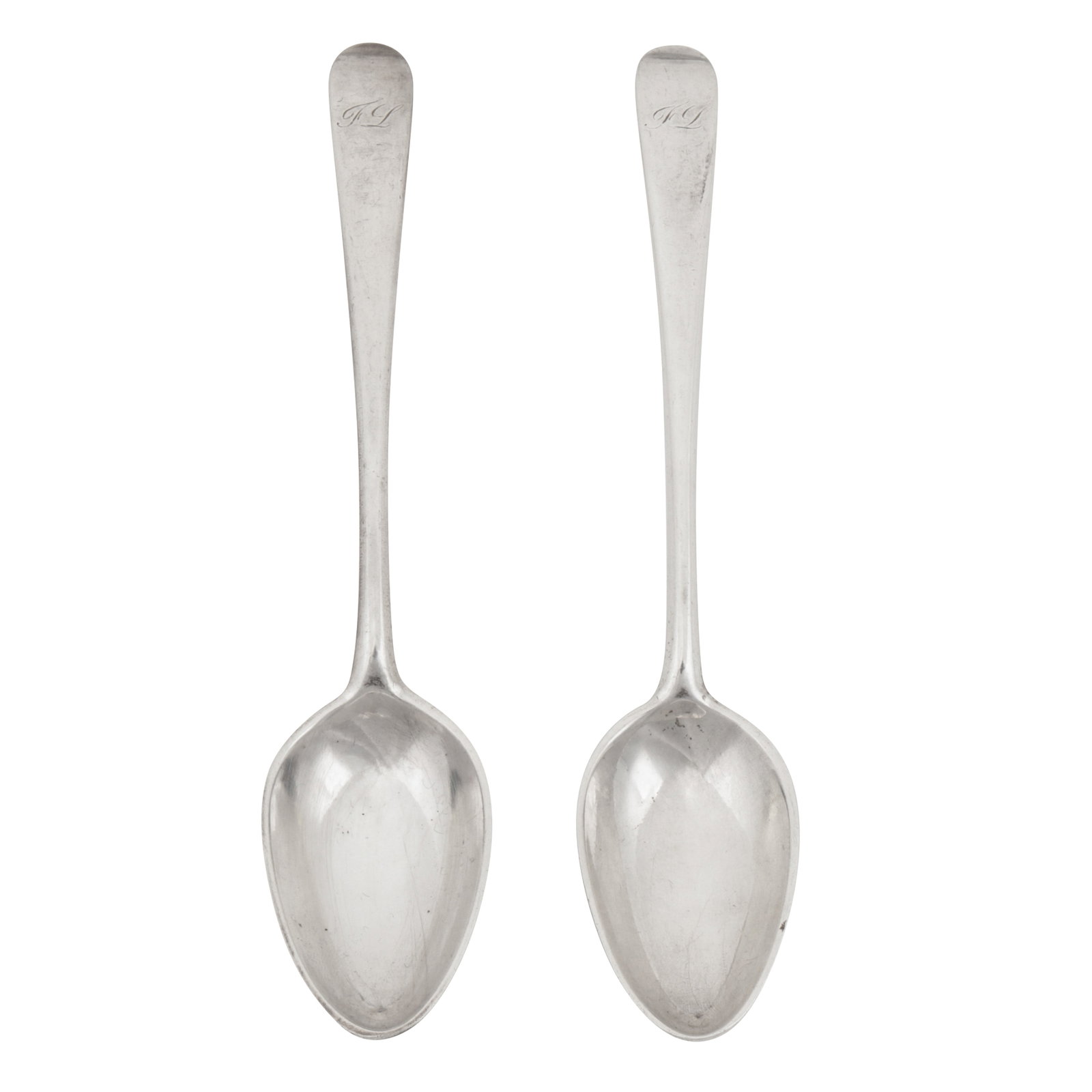 Quebec circa 1800 by Laurent Amiot (1764-1839) A pair of late 18th / early 19th century Canadian: Quebec circa 1800 by Laurent Amiot (1764-1839) A pair of late 18th / early 19th century Canadian colonial silver dessert spoons Old English pattern, each engraved with initals Fl in cursive script. Ea