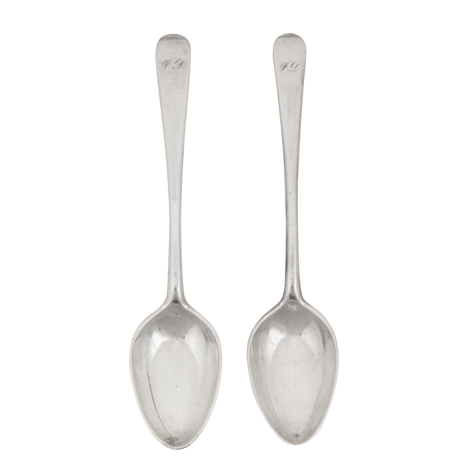 Quebec circa 1800 by Laurent Amiot (1764-1839) A pair of late 18th / early 19th century Canadian: Quebec circa 1800 by Laurent Amiot (1764-1839) A pair of late 18th / early 19th century Canadian colonial silver dessert spoons Old English pattern, each engraved with initals Fl in cursive script. Ea