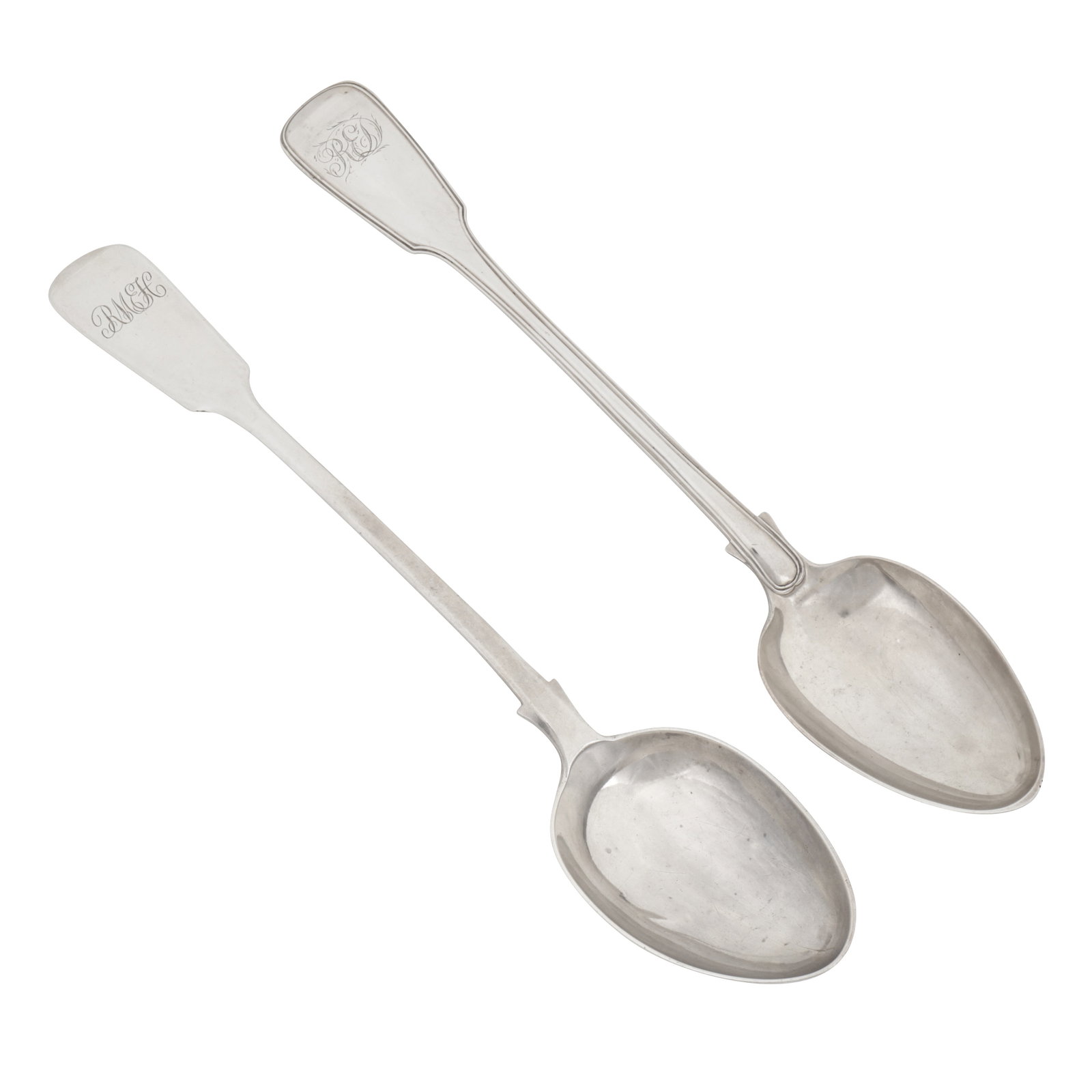Exeter 1864 by Josiah Williams and Co A Victorian provincial sterling silver basting spoon: Exeter 1864 by Josiah Williams and Co A Victorian provincial sterling silver basting spoon Fiddle pattern, engraved with initials RMEH. Together with another basting spoon London 1846 by Elizabeth Eat