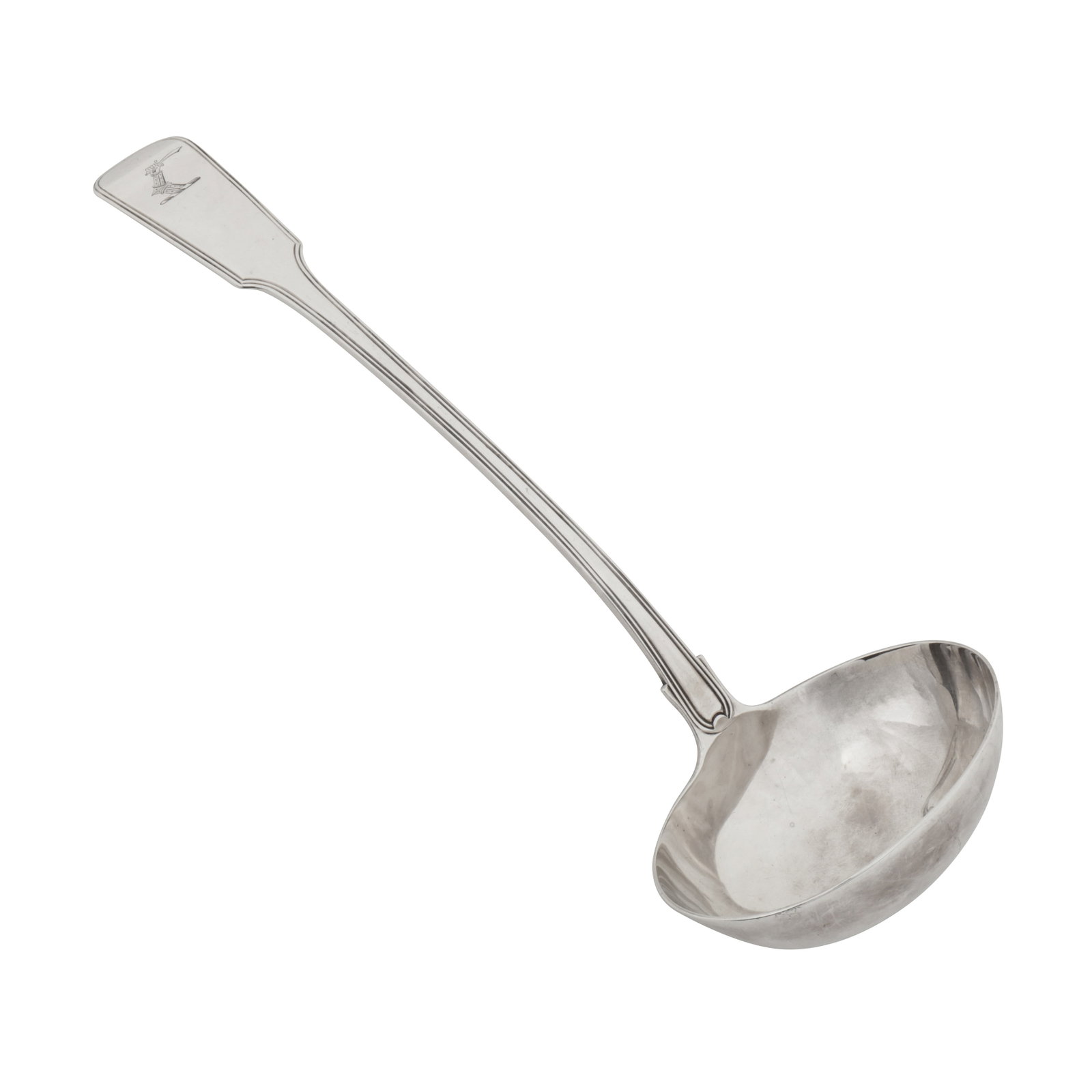 London 1829 by Josiah Piercy I A George IV sterling silver soup ladle: London 1829 by Josiah Piercy I A George IV sterling silver soup ladle Fiddle and Thread pattern, double struck, the terminal engraved with a crest of an arm in armour embowed holding a scimitar. Fully