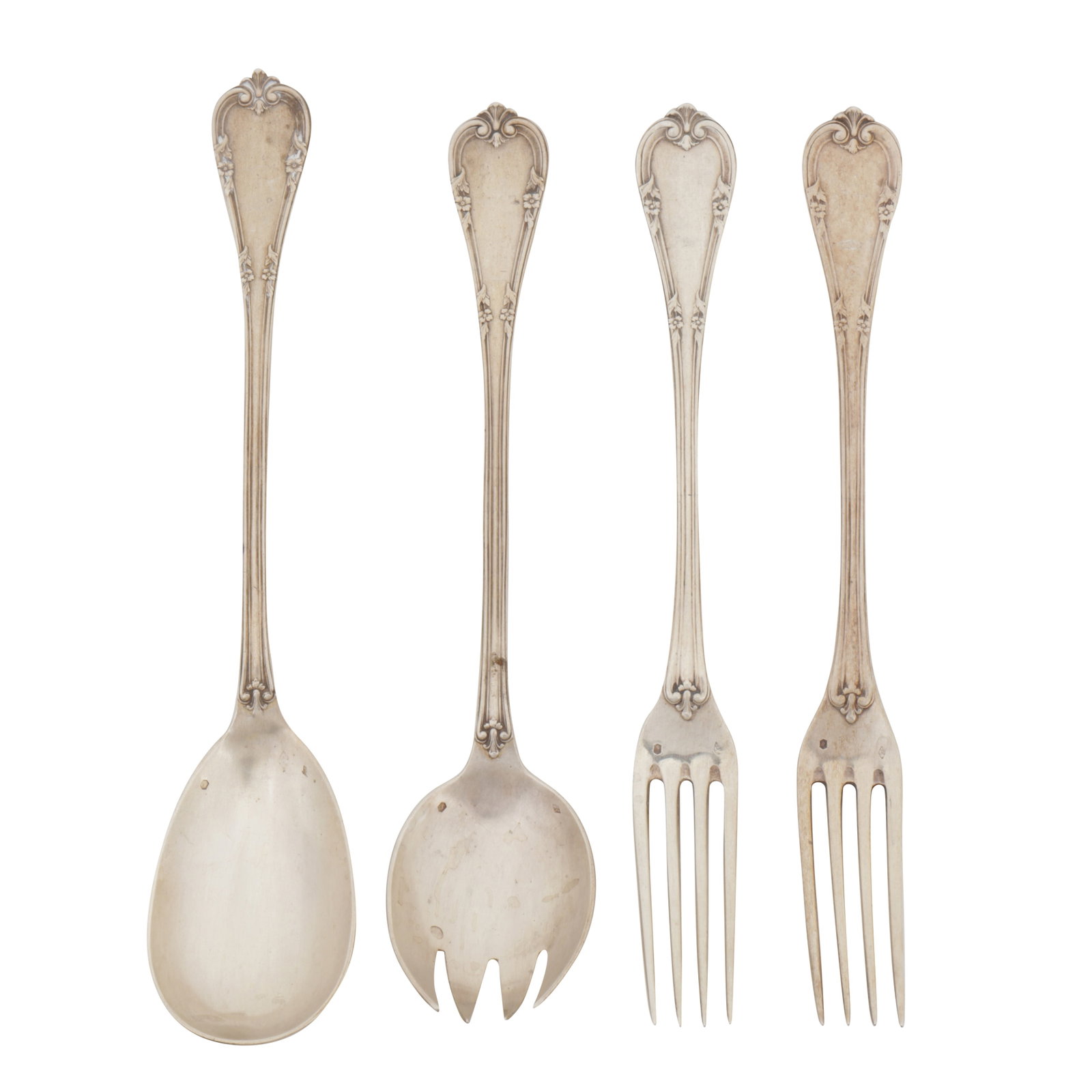 Paris circa 1900 by Henri Soufflot Two pair of late 19th / early 20th century French 950 standard: Paris circa 1900 by Henri Soufflot Two pair of late 19th / early 20th century French 950 standard silver salad servers Applied initials below a Royal crown. Each marked. (4) Length - 27.2 cm / 10.7 in
