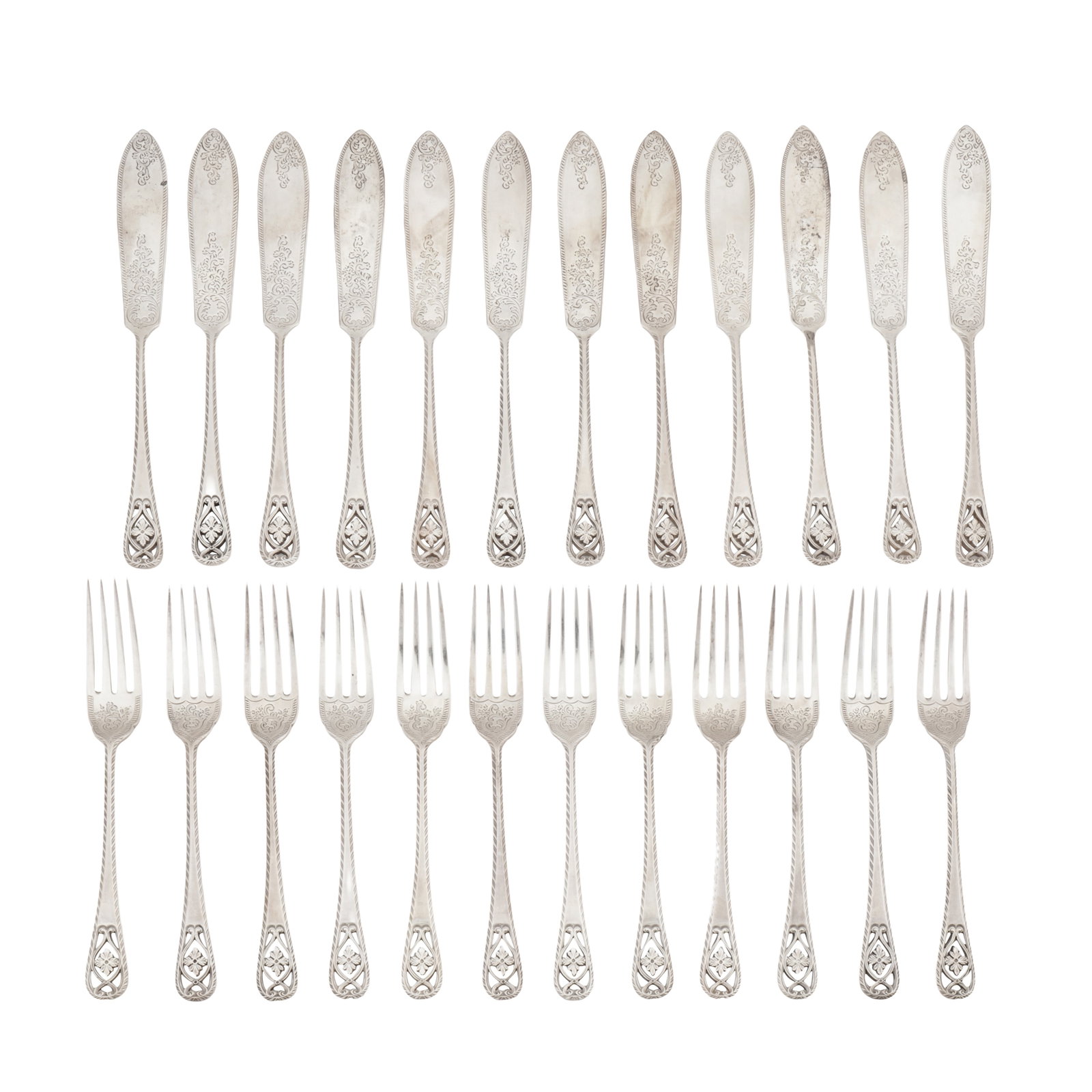 Sheffield 1903/05 by James Dixon and Sons A set of Edwardian sterling silver fish eaters: Sheffield 1903/05 by James Dixon and Sons A set of Edwardian sterling silver fish eaters Comprising twelve fish forks and twelve fish knifes. Pierced handles and engraved blades. (24) Weight - 1181 gr